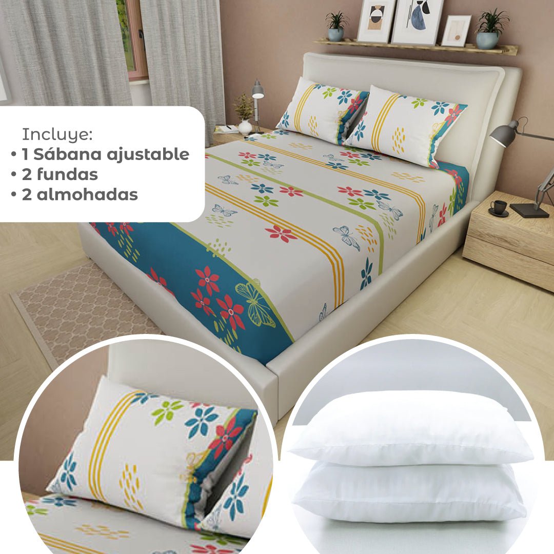 Combo Juego de Sabanas y Cortina Amanecer en el Jardín Blanco y Azul para Cama Doble 140 X 190 Cm de Flores - SABANAS | Bylmo