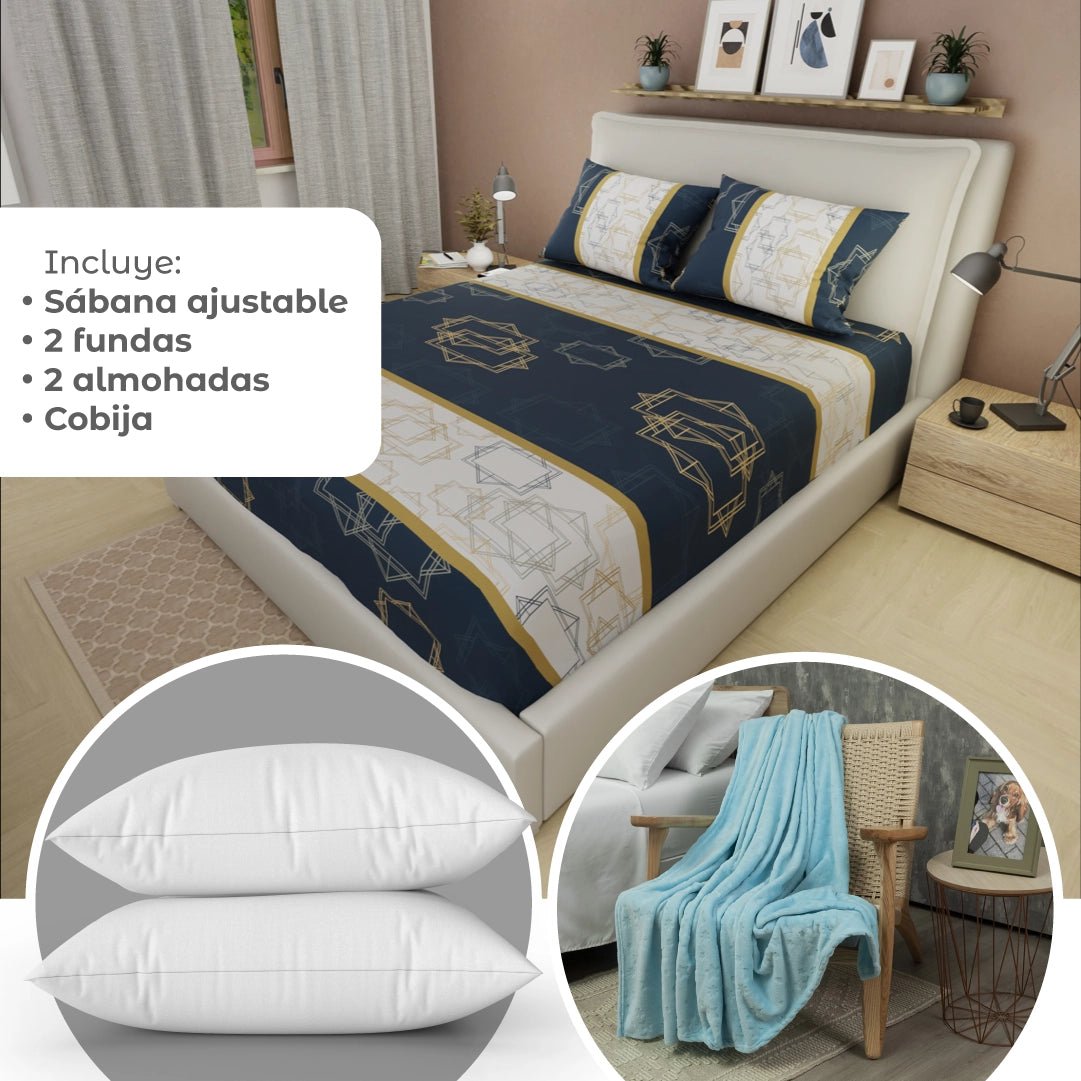 Combo Juego de Sabanas y Cortina Super Confort Blanco y Dorado para Cama Doble 140 X 190 Cm de Figuras Entrelazadas - SABANAS | Bylmo