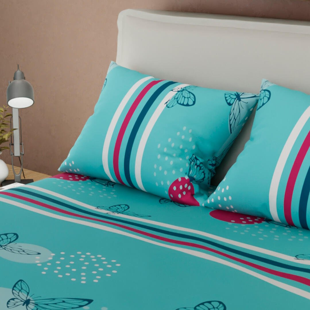 Combo Juego de Sabanas y Cortina Azul y Fucsia para Cama Queen 160 X 190 Cm de Mariposas - SABANAS | Bylmo