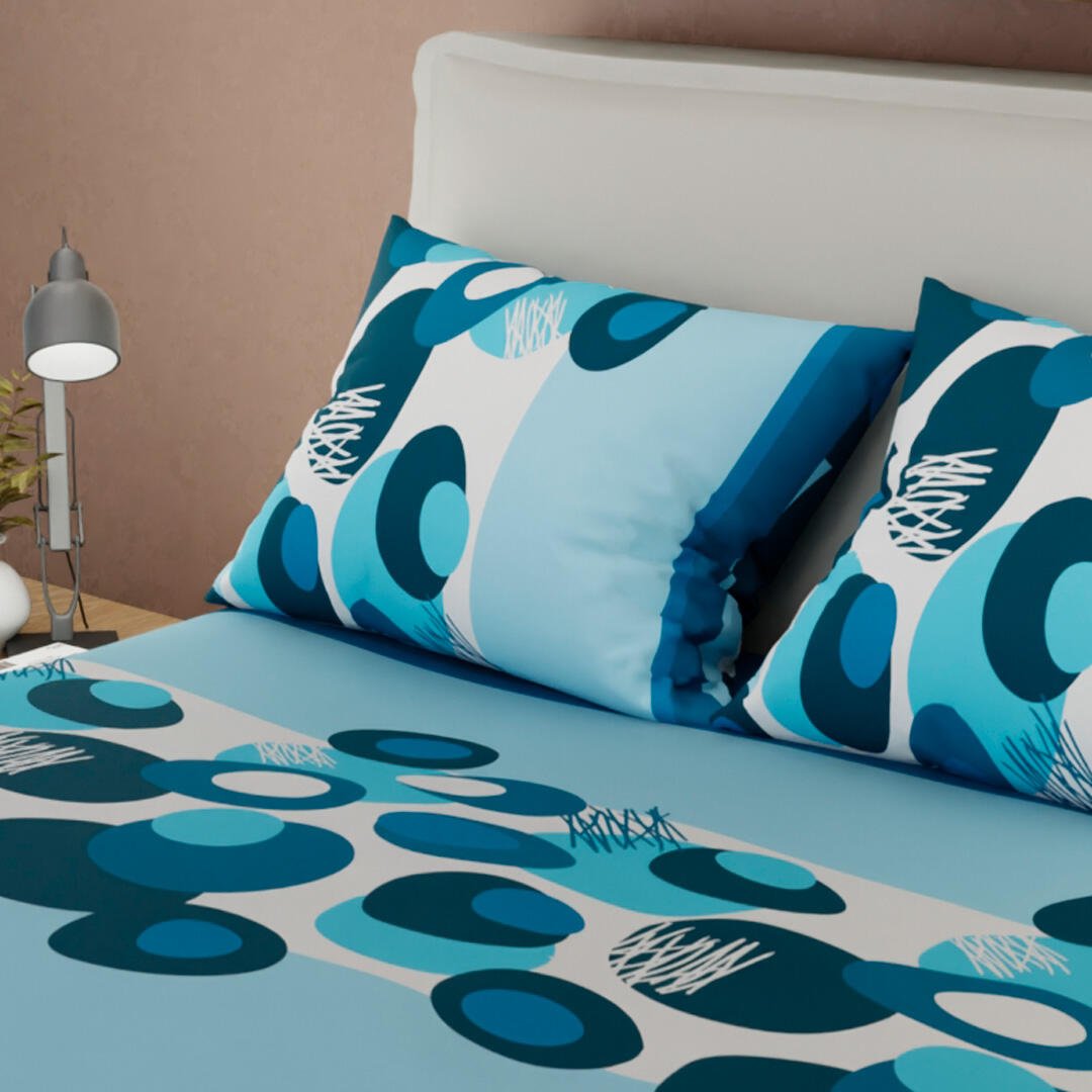 Combo Juego de Sabanas y Cortina Azul Claro y Azul Oscuro para Cama Queen 160 X 190 Cm de Circulos - SABANAS | Bylmo