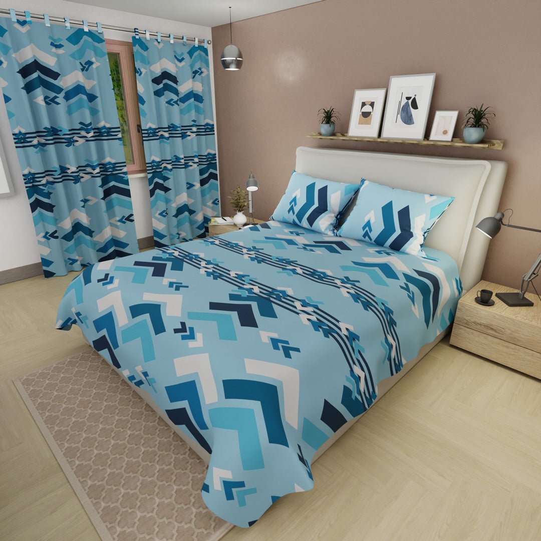 Combo Juego de Sabanas y Cortina Esencia Acua Azul Claro y Azul Oscuro para Cama Doble 140 X 190 Cm de Flechas - SABANAS | Bylmo