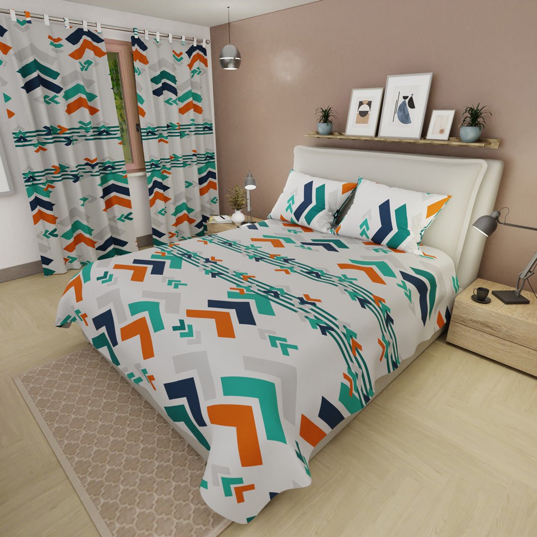 Combo Juego de Sabanas y Cortina Esencia Acua Blanco y Verde para Cama Doble 140 X 190 Cm de Flechas - SABANAS | Bylmo