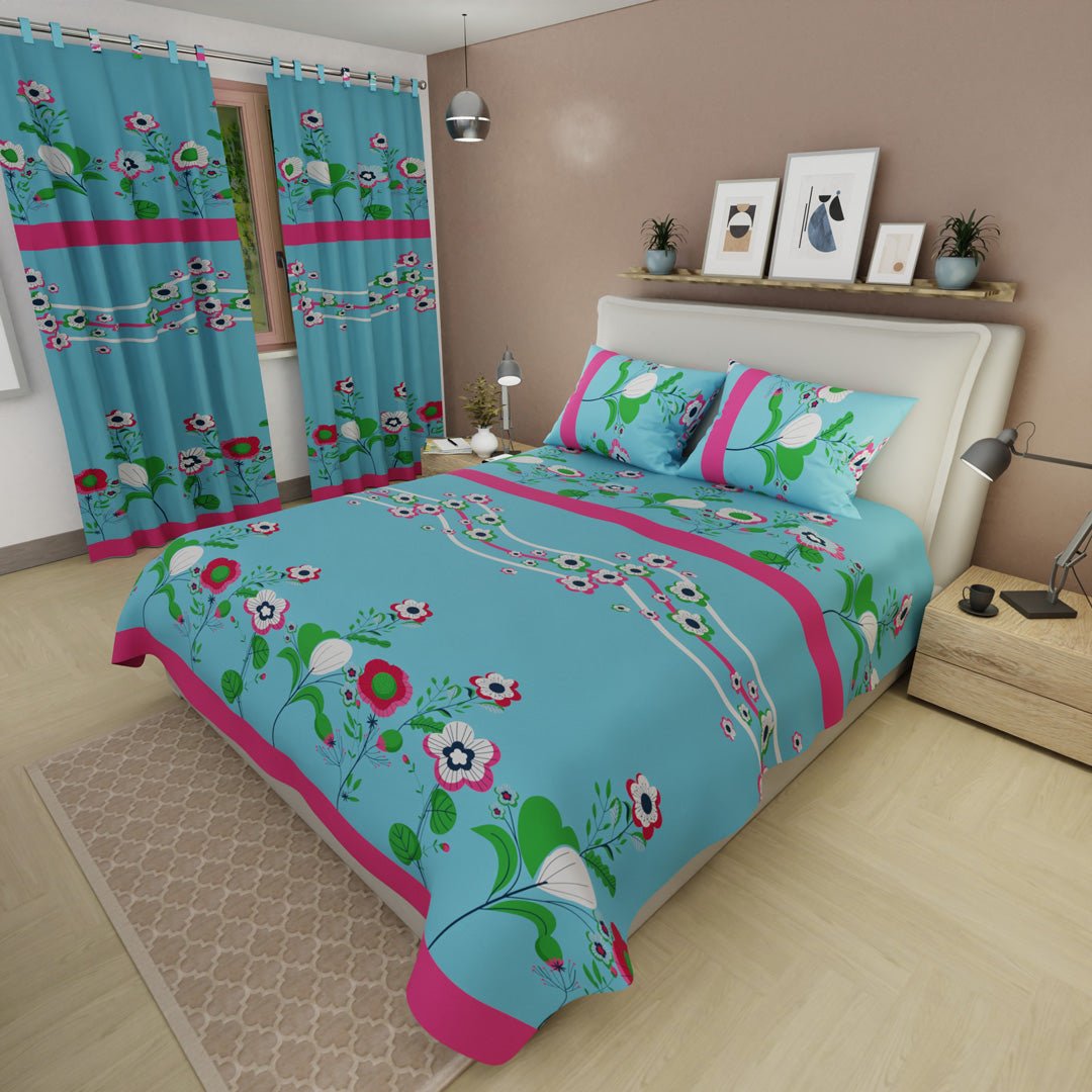 Combo Juego de Sabanas y Cortina Floralia Azul y Fucsia para Cama Doble 140 X 190 Cm de Hojas Y Flores - SABANAS | Bylmo
