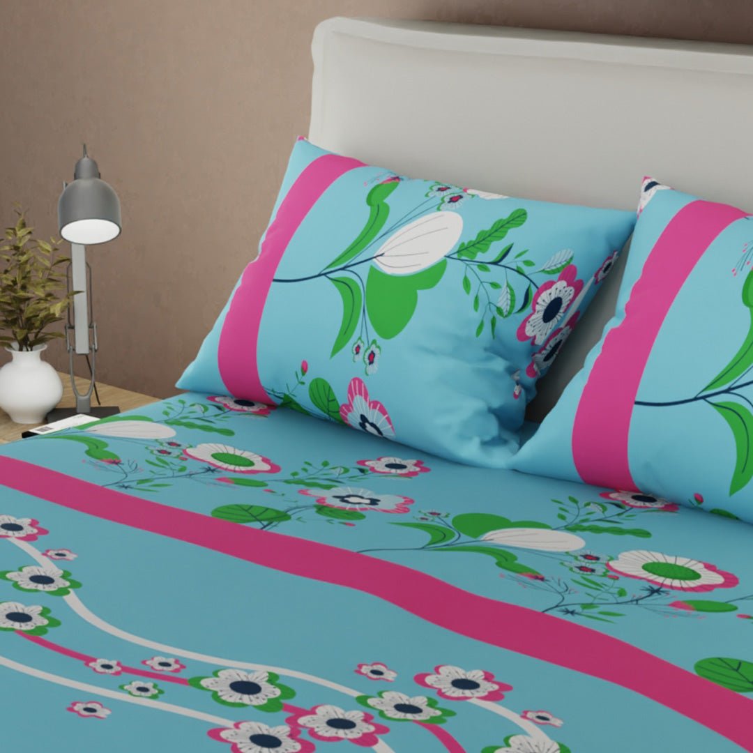 Combo Juego de Sabanas y Cortina Floralia Azul y Fucsia para Cama Doble 140 X 190 Cm de Hojas Y Flores - SABANAS | Bylmo