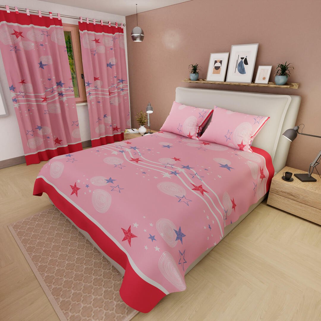 Combo Juego de Sabanas y Cortina Rosado Claro y Rosado Fuerte para Cama Queen 160 X 190 Cm de Estrellas - SABANAS | Bylmo