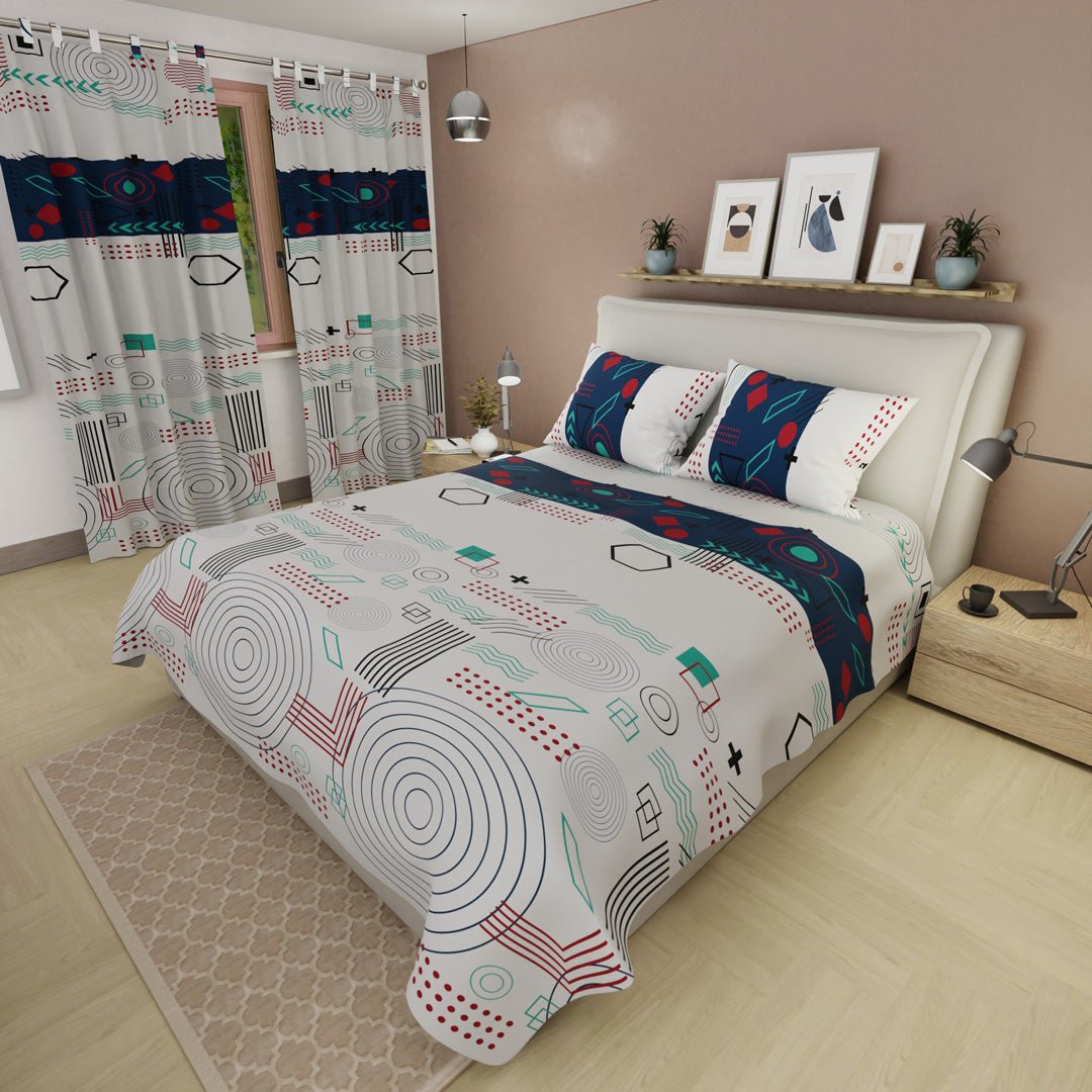 Combo Juego de Sabanas y Cortina Fusión Moderna Blanco y Azul Oscuro para Cama Doble 140 X 190 Cm de Figuras - SABANAS | Bylmo