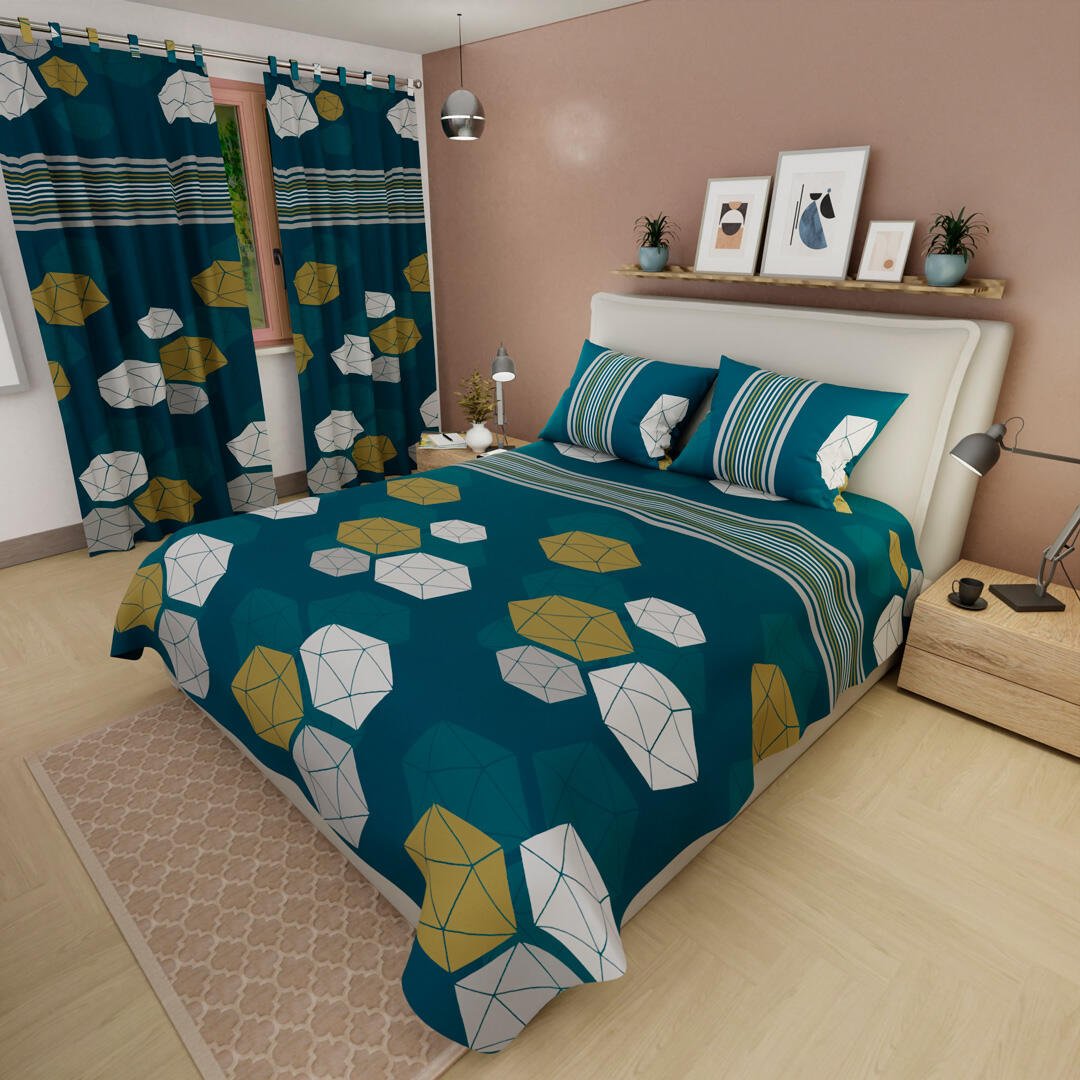Combo Juego de Sabanas y Cortina Verde Azul para Cama Queen 160 X 190 Cm de Figuras Geometricas - SABANAS | Bylmo
