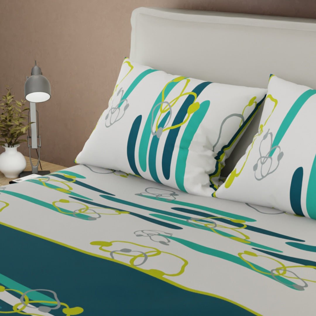 Combo Juego de Sabanas y Cortina Líneas de Oceáno Blanco y Verde Azul para Cama Doble 140 X 190 Cm de Lineas Y Circulos - SABANAS | Bylmo
