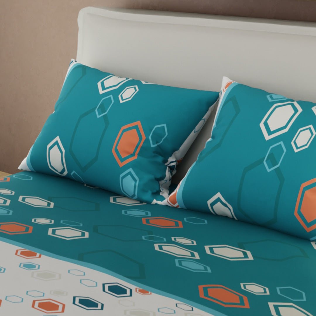 Combo Juego de Sabanas y Cortina Mosaico Moderno Azul Aguamarina y Blanco para Cama Queen 160 X 190 Cm de Hexagonos - SABANAS | Bylmo