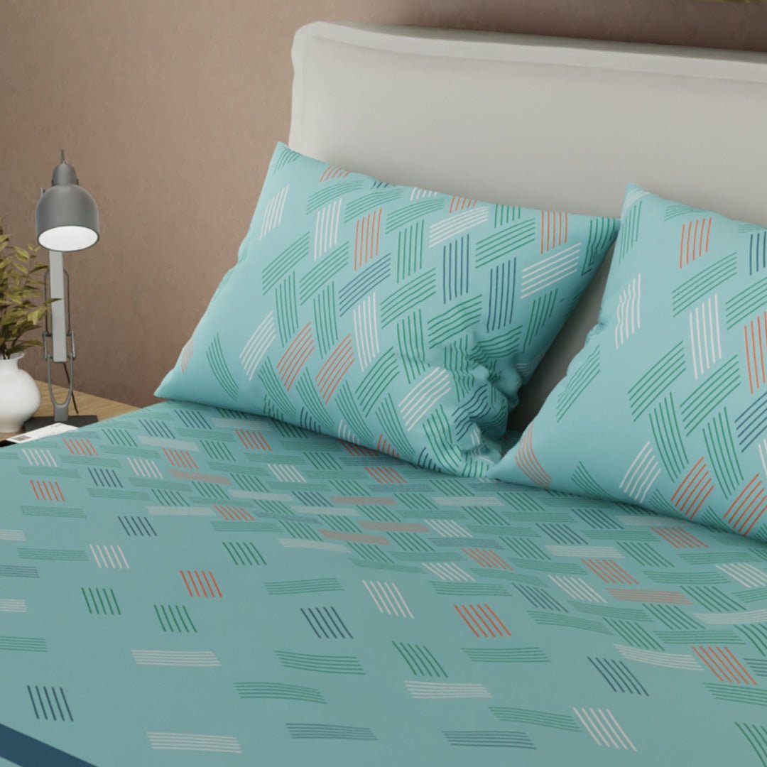 Combo Juego de Sabanas y Cortina Olas Urbanas Azul Claro y Blanco para Cama Doble 140 X 190 Cm de Lineas - SABANAS | Bylmo