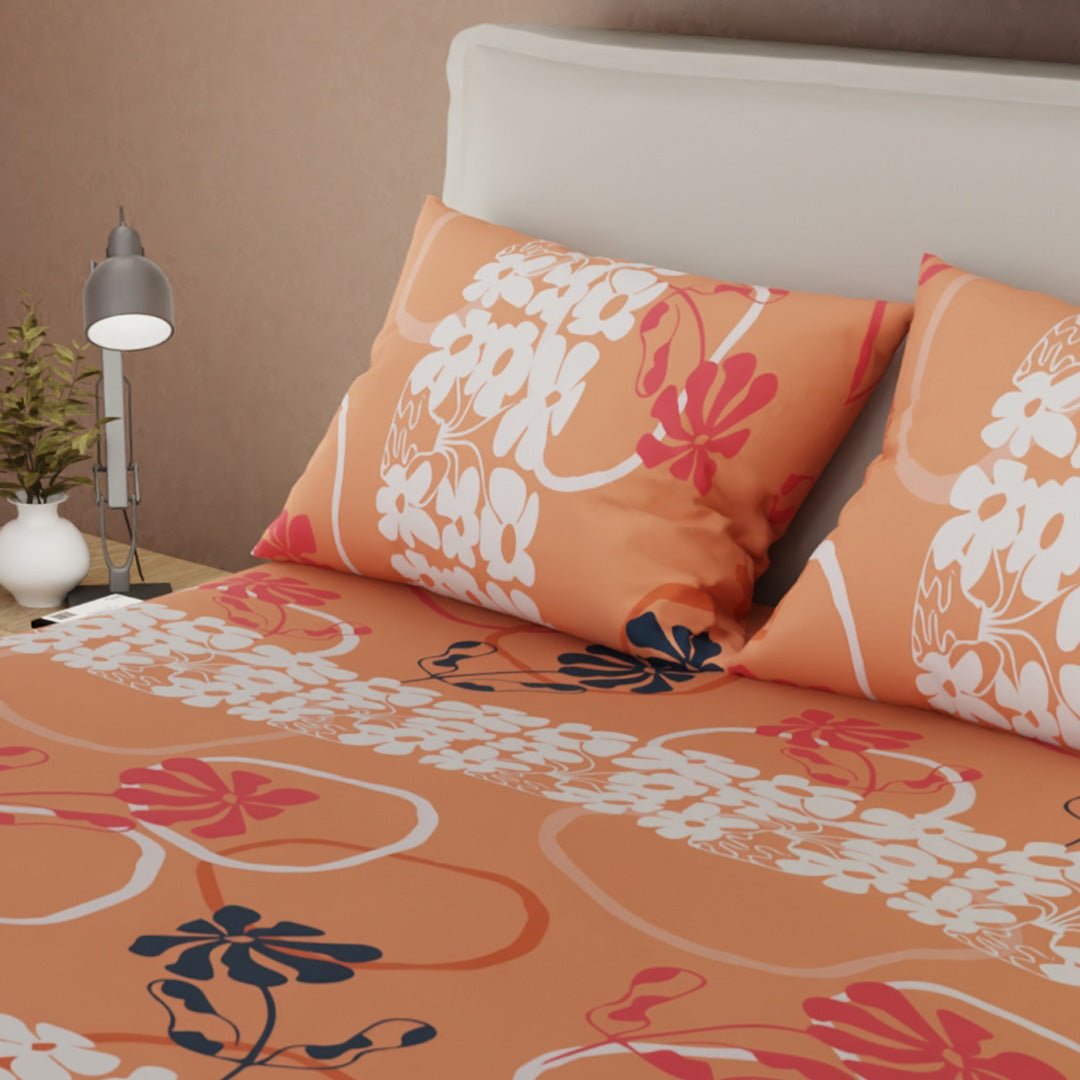 Combo Juego de Sabanas y Cortina Petalia Naranja Naranja y Blanco para Cama Doble 140 X 190 Cm de Flores - SABANAS | Bylmo