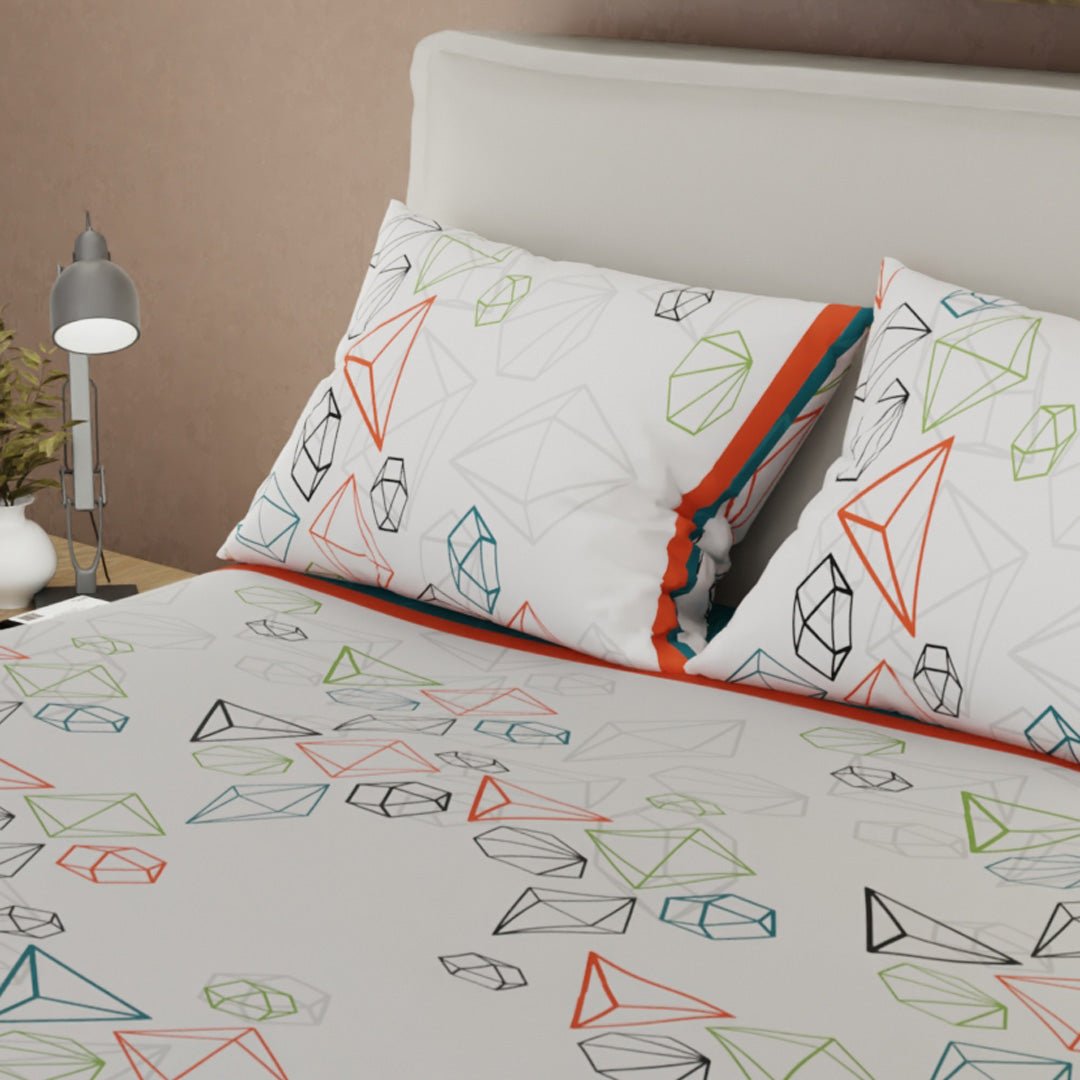 Combo Juego de Sabanas y Cortina Primavera Geo Blanco y Verde Azul para Cama Doble 140 X 190 Cm de Figuras Geometricas - SABANAS | Bylmo