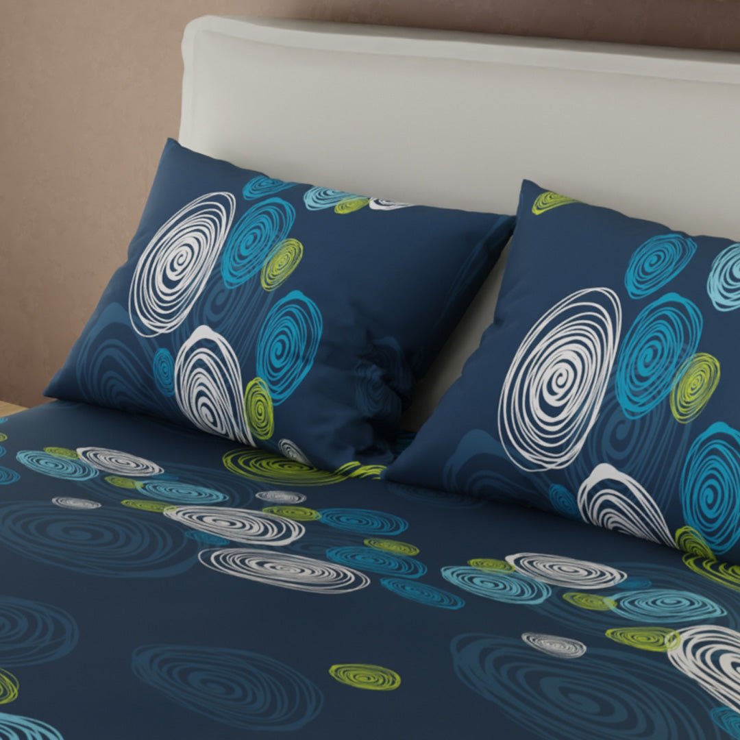 Combo Juego de Sabanas y Cortina Ritmo Circular Azul para Cama Queen 160 X 190 Cm de Circulos - SABANAS | Bylmo