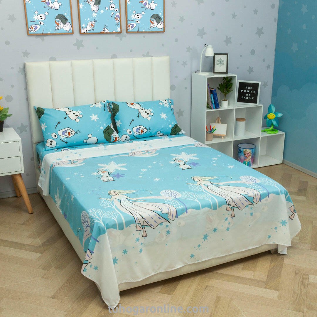 Juego de Sábanas Infantil Disney Azul Celeste y Blanco para Cama Doble 140 X 190 Cm de Frozen - SABANAS | Bylmo