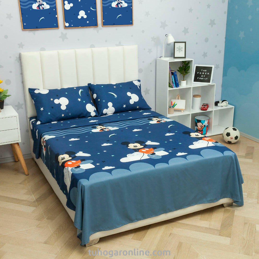 Juego de Sábanas Infantil Disney Plus Azul Oscuro y Azul para Cama Semidoble 120 X 190 Cm 180 Hilos de Mickey - SABANAS | Bylmo