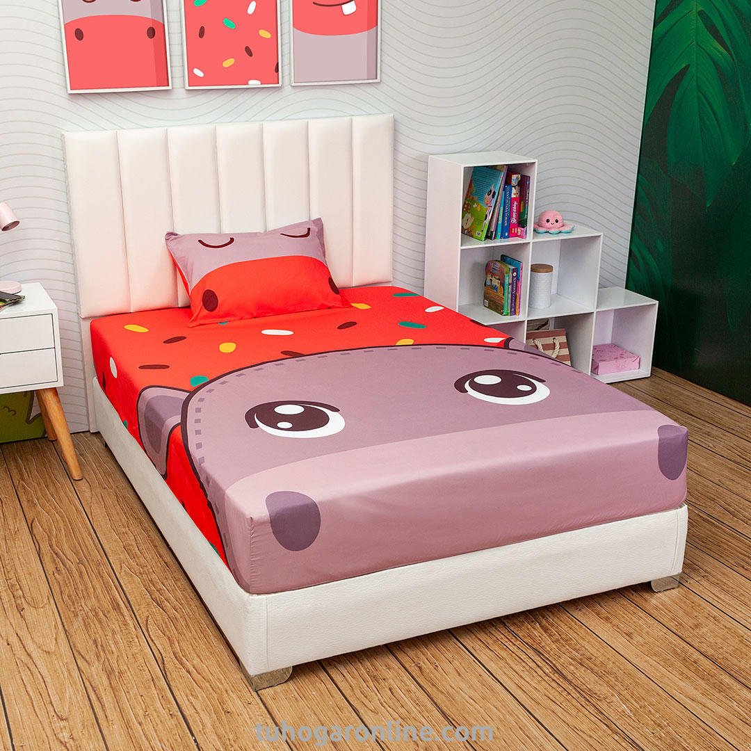 Sábana Infantil Zoo Naranja y Morado para Cama Semidoble 120 X 190 Cm de Hipopotamo - SABANAS | Bylmo