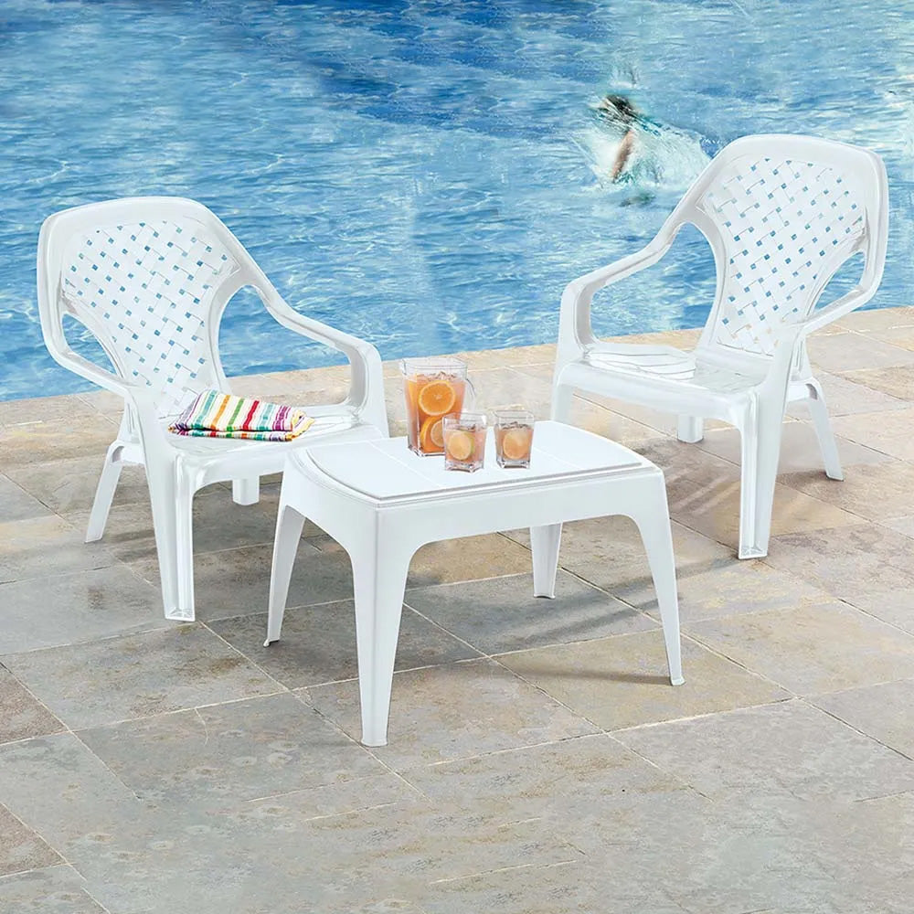 Combo Mesa de Centro Exterior Rimax Blanco 67.6x42.5cm Rectangular con Dos Sillas Playeras - MESAS DE EXTERIOR | Bylmo