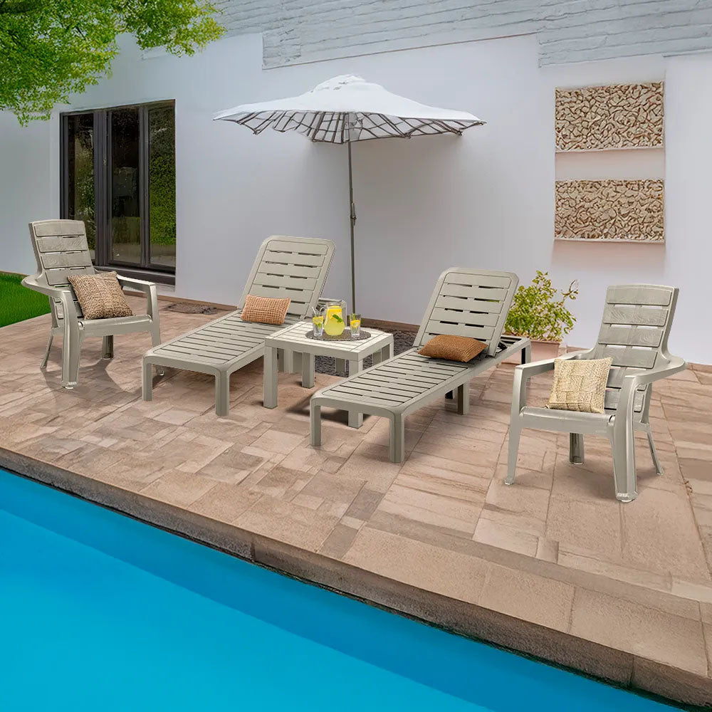 Combo Piscina Rimax Taupe 57.5x29cm con Dos Camas Asoleadoras Dos Sillas Playeras y Una Mesa de Centro Recatangular - SILLAS DE EXTERIOR | Bylmo