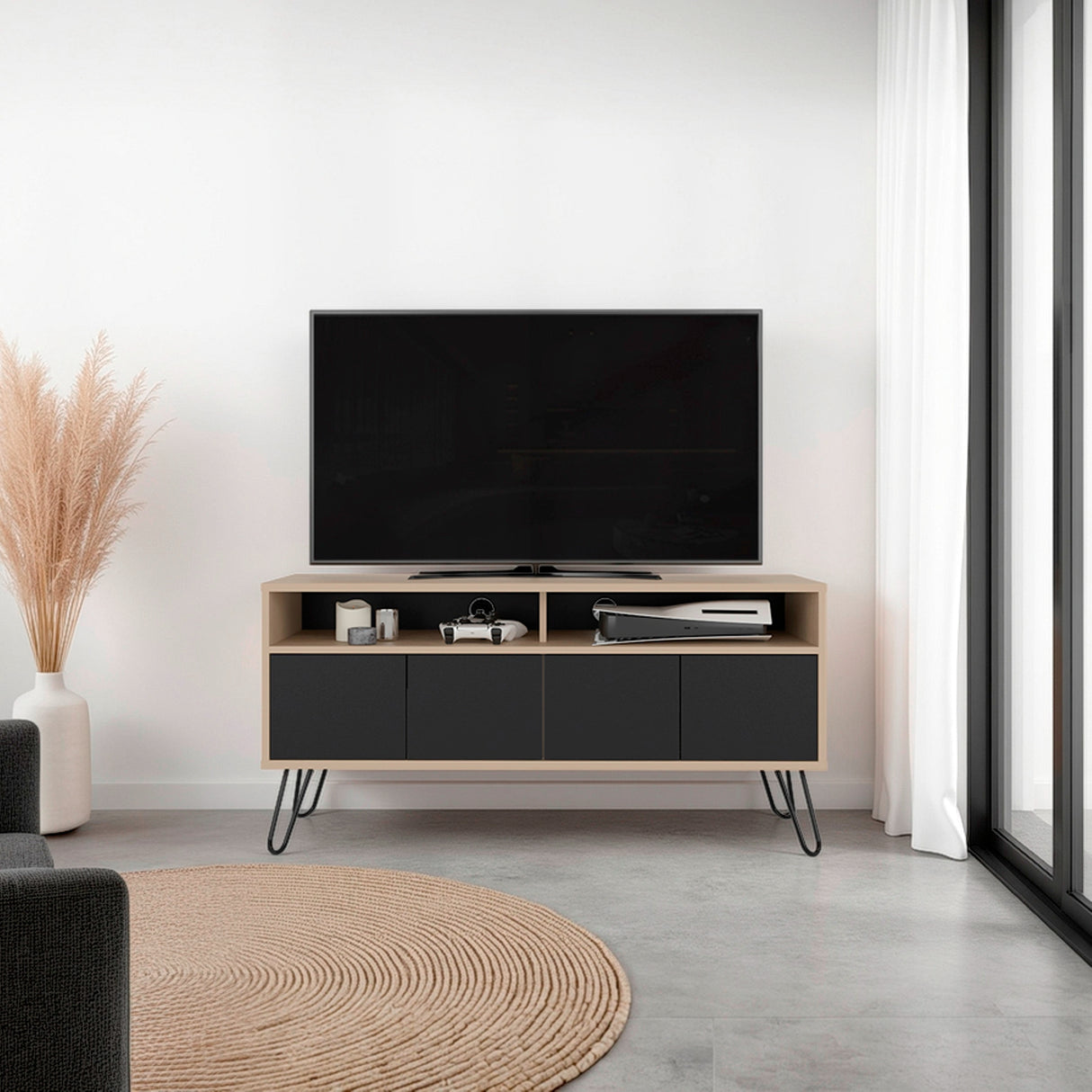 Rack de TV Vassel Cartagena y Wengue 123.5x60.6cm Para TV Hasta 55" Pulgadaas con Cuatro Compartimientos y con Ranura para Cables - MUEBLES DE TV | Bylmo