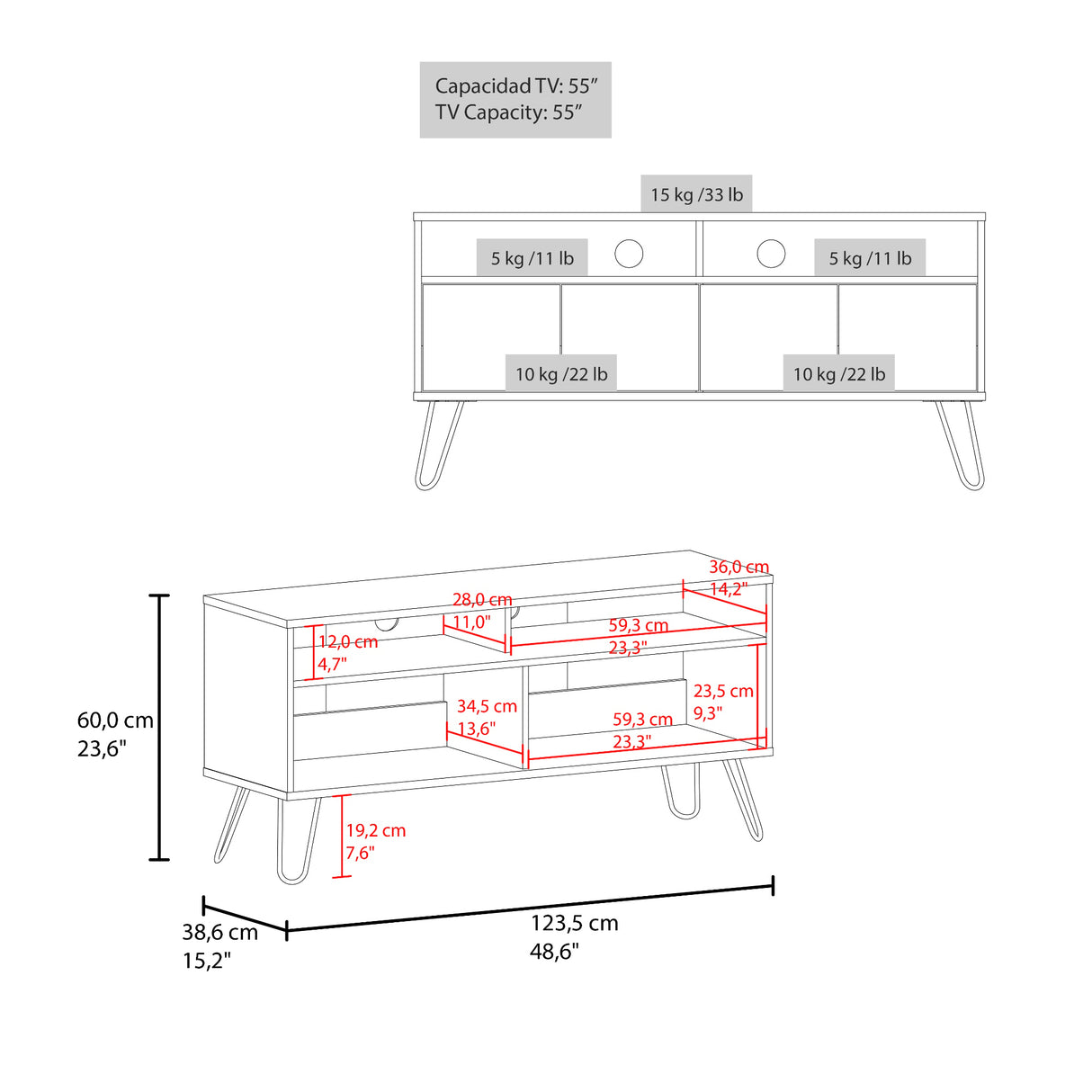 Rack de TV Vassel Cartagena y Wengue 123.5x60.6cm Para TV Hasta 55" Pulgadaas con Cuatro Compartimientos y con Ranura para Cables - MUEBLES DE TV | Bylmo