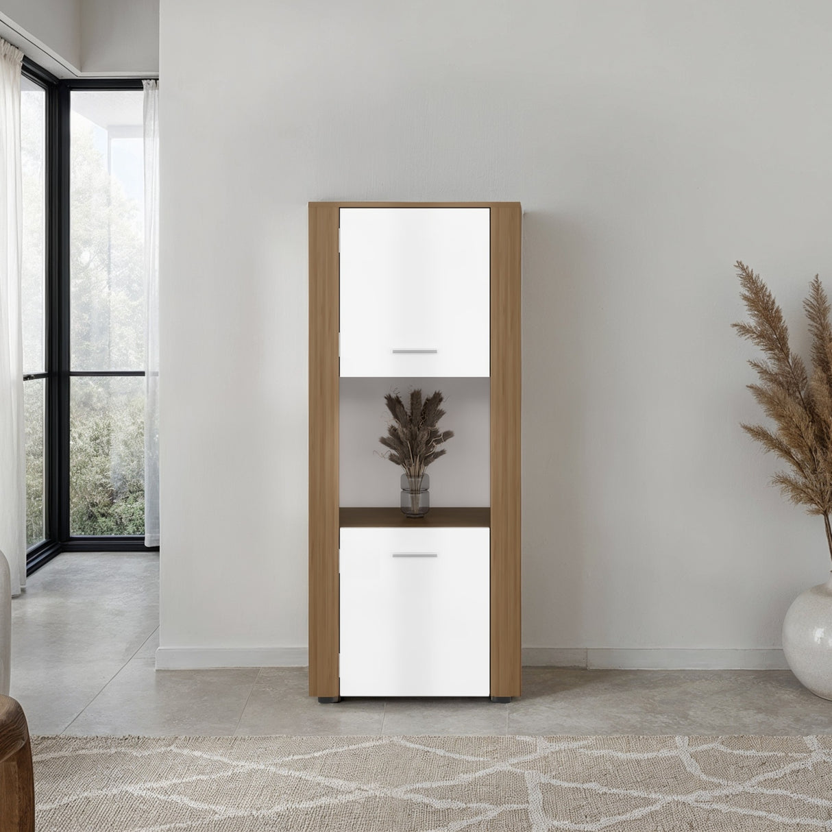 Estantería Tonalea Fresno 56x134.5cm Rectangular con Tres Compartimientos y Dos Entrepaños - BIBLIOTECAS Y ESTANTERIAS | Bylmo