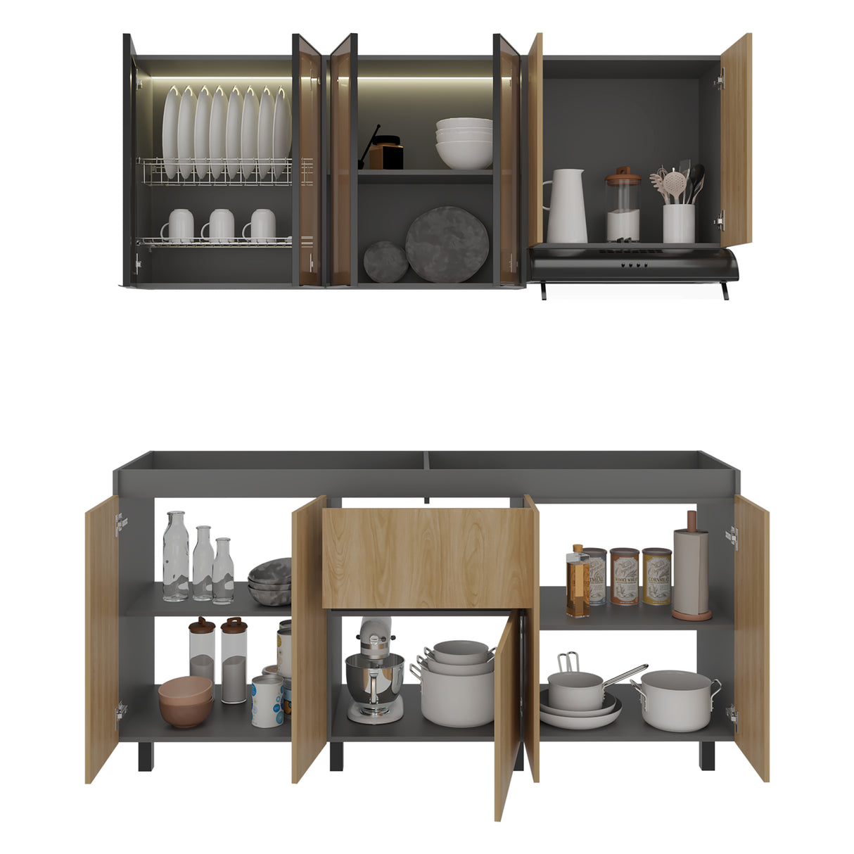 Cocina Lioni Plomo y Fresno Europeo 180x70cm sin Mesón y sin Estufa - COCINAS | Bylmo