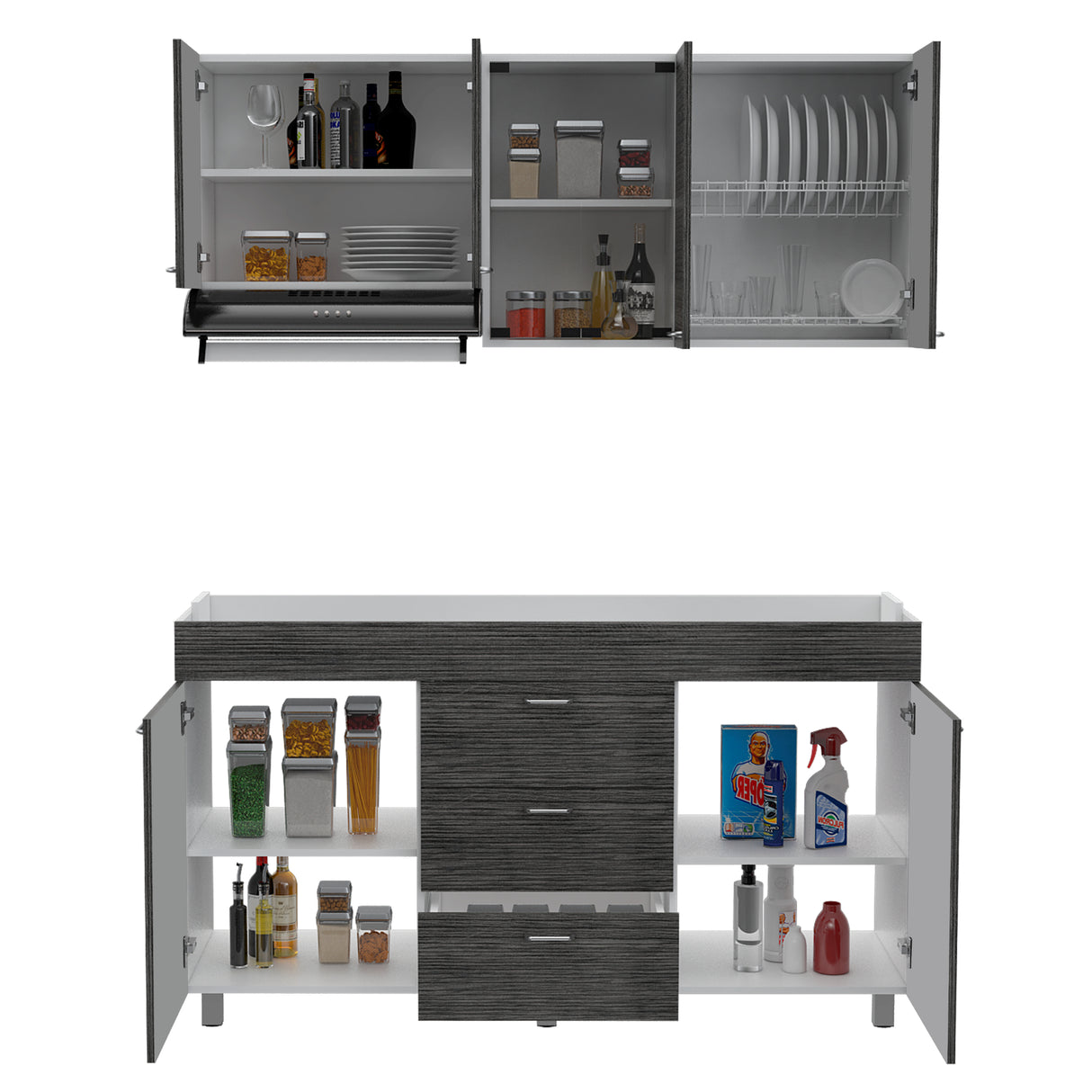 Cocina Lumina Blanco Roble y Gris 150x60cm con Mesón de Acero Inoxidable Lado Derecha y con Estufa - COCINAS | Bylmo