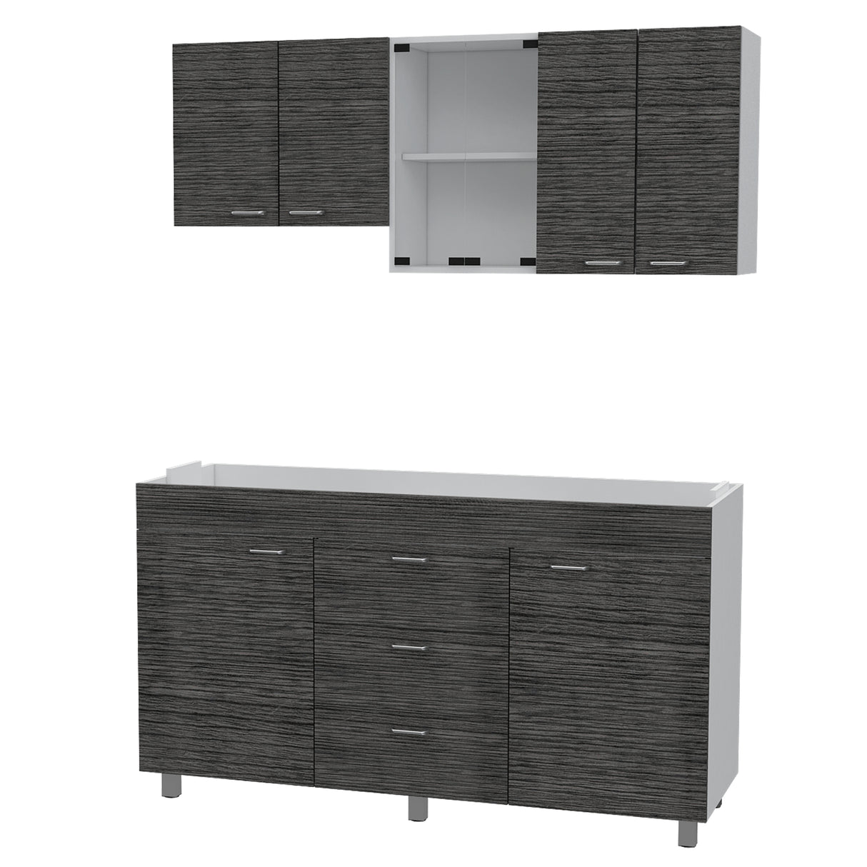 Cocina Lumina Blanco Roble y Gris 150x60cm con Mesón de Acero Inoxidable Lado Derecha y con Estufa - COCINAS | Bylmo