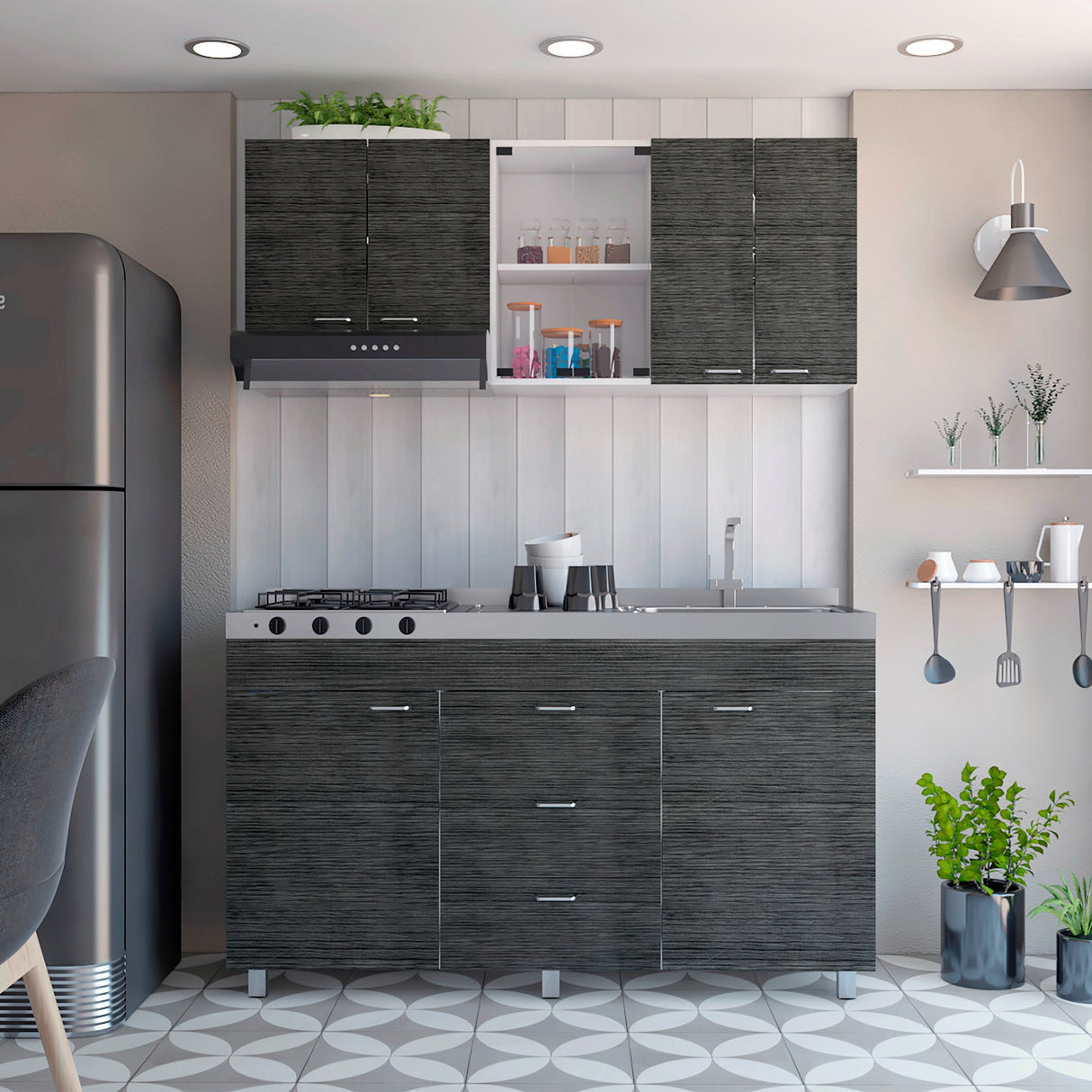 Cocina Lumina Blanco Roble y Gris 150x60cm con Mesón de Acero Inoxidable Lado Derecha y con Estufa - COCINAS | Bylmo