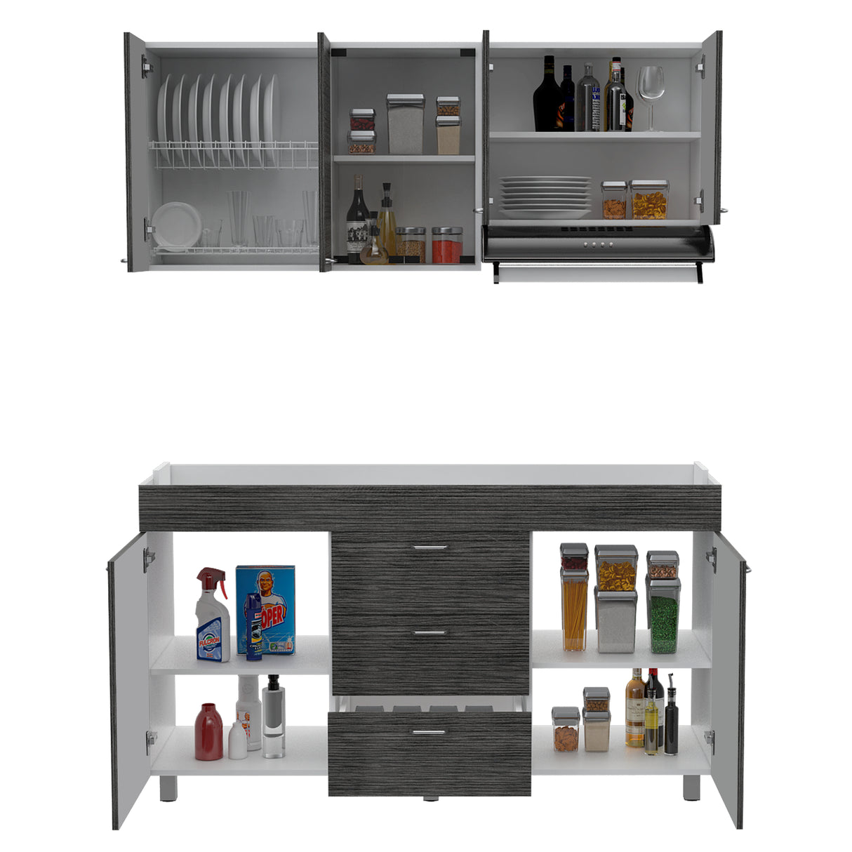 Cocina Lumina Blanco Roble y Gris 150x60cm con Mesón de Acero Inoxidable Lado Izquierda y con Estufa - COCINAS | Bylmo