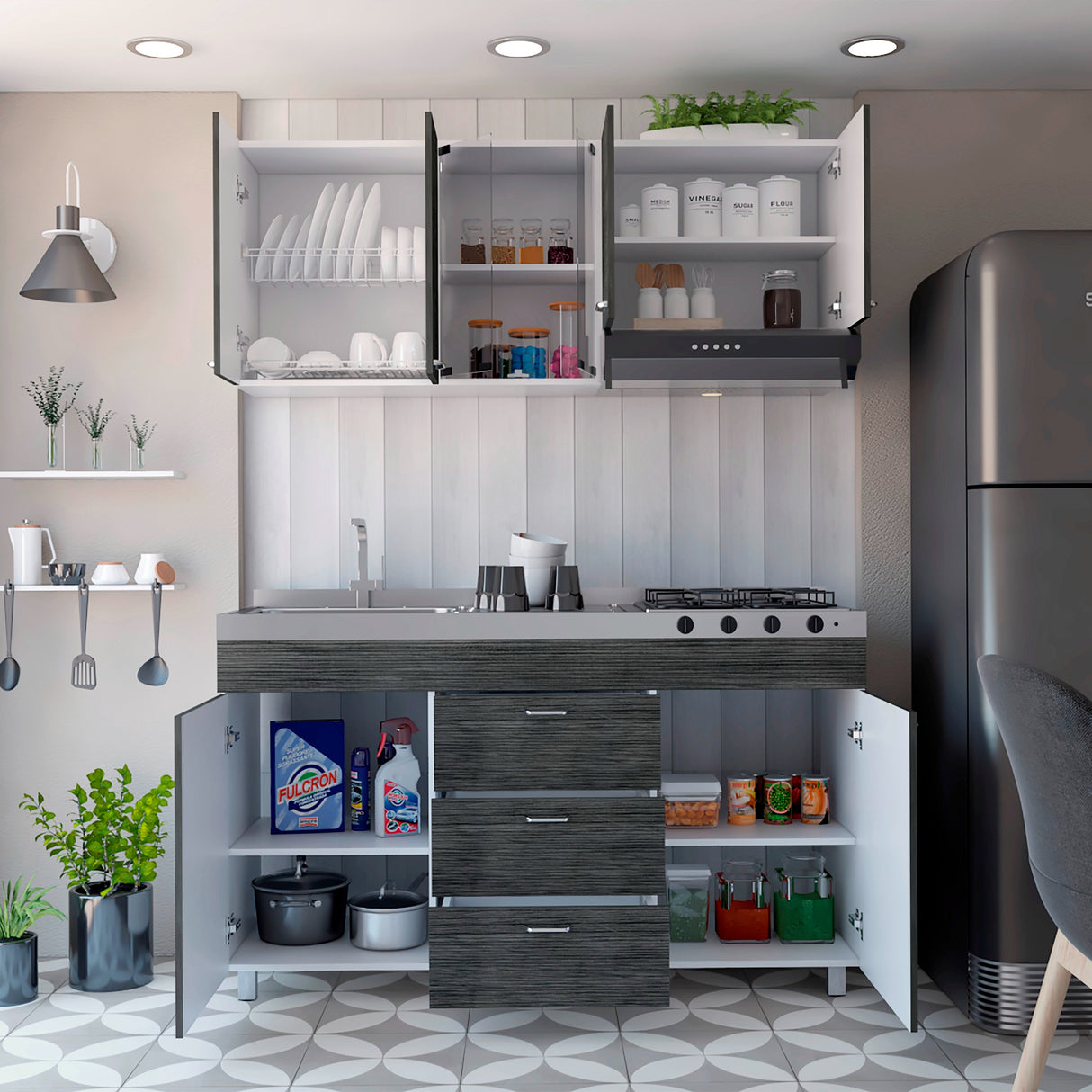 Cocina Lumina Blanco Roble y Gris 150x60cm con Mesón de Acero Inoxidable Lado Izquierda y con Estufa - COCINAS | Bylmo