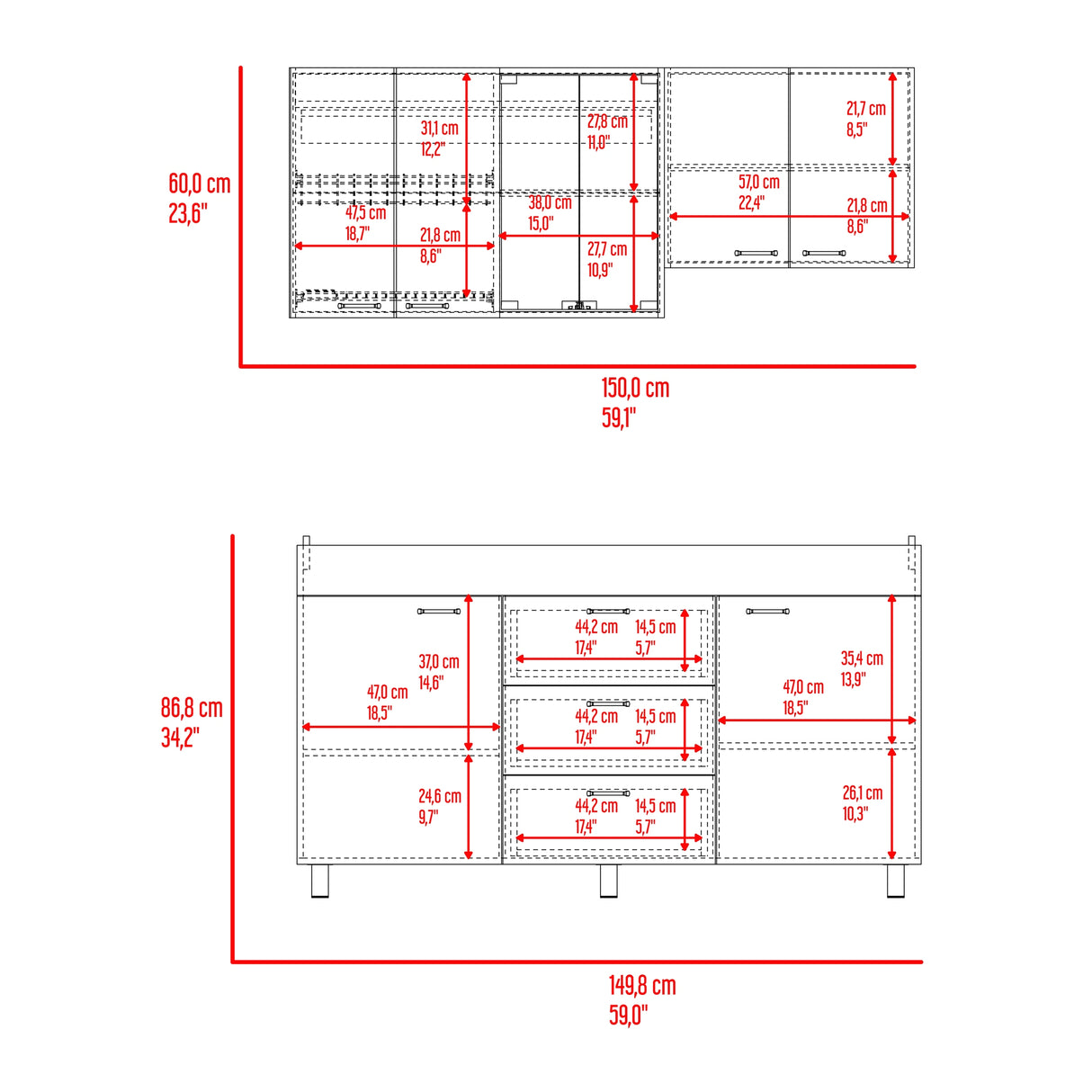 Cocina Lumina Blanco Roble y Gris 150x60cm con Mesón de Acero Inoxidable Lado Izquierda y con Estufa - COCINAS | Bylmo