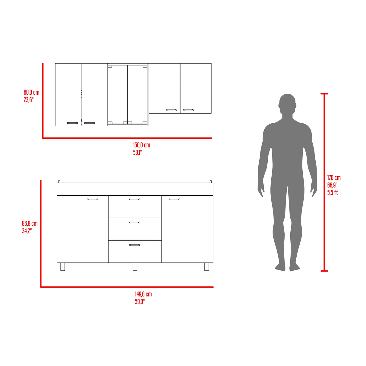 Cocina Lumina Blanco Roble y Gris 150x60cm con Mesón de Acero Inoxidable Lado Izquierda y con Estufa - COCINAS | Bylmo