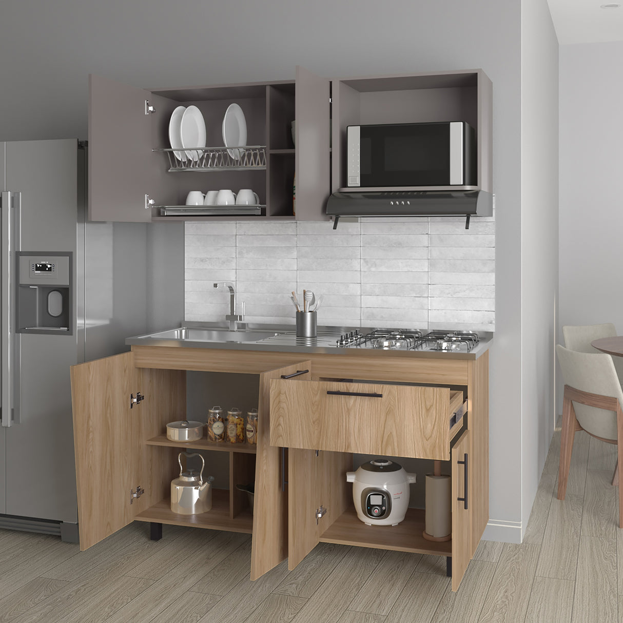Cocina Emilia Fresno Europeo y Taupe 150x60.1cm sin Mesón y sin Estufa - COCINAS | Bylmo