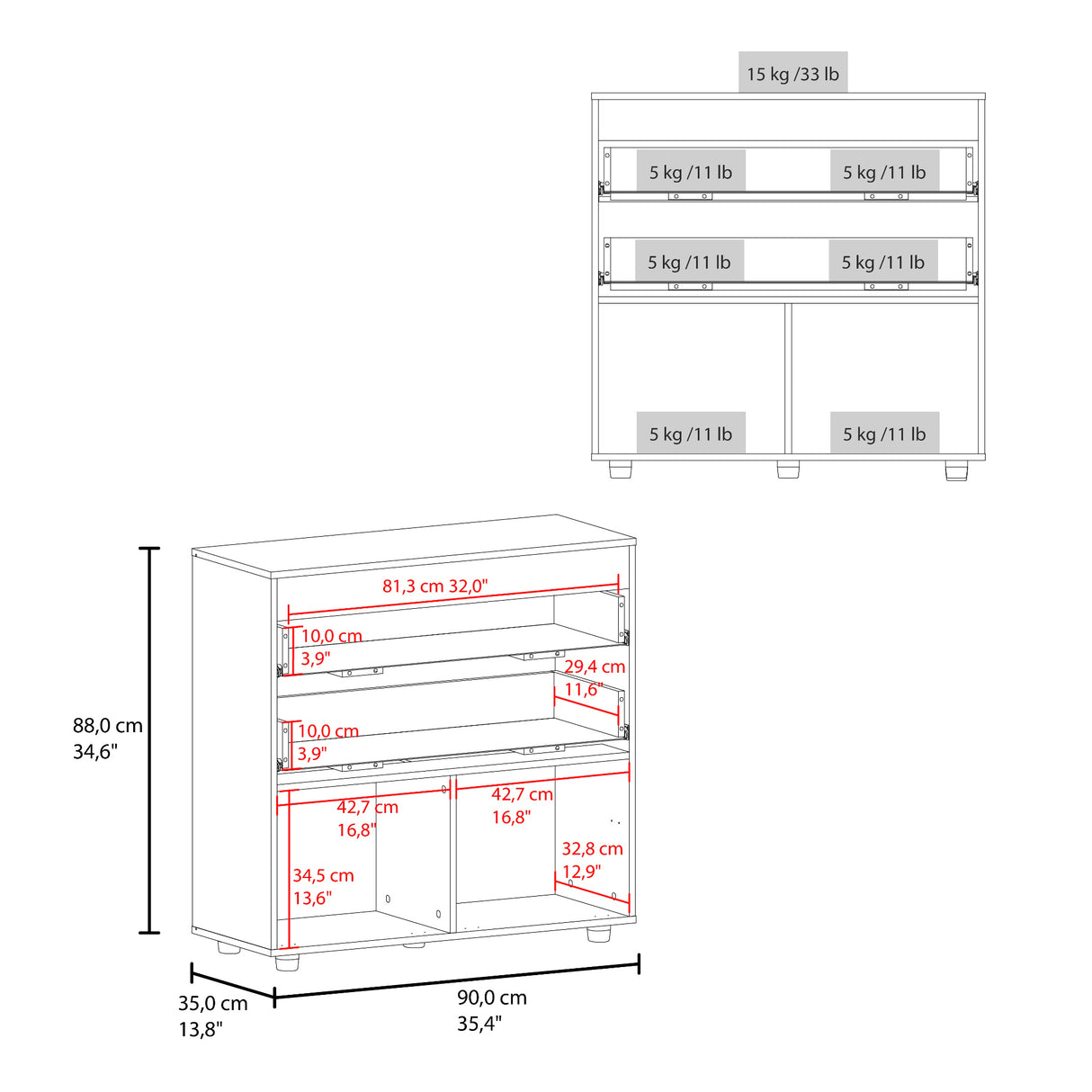 Cajonera Belton Blanco 90x88cm de Tres Hileras con Dos Cajones - CAJONERAS Y COMODAS | Bylmo