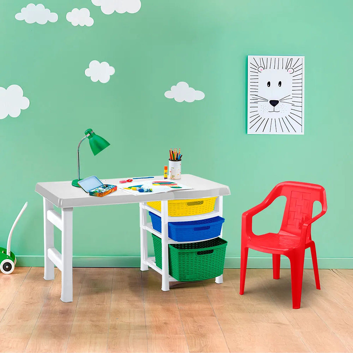 Combo Escritorio y Silla Infantil Rimax Rojo 88x50cm con Tres Cajones - ESCRITORIOS | Bylmo