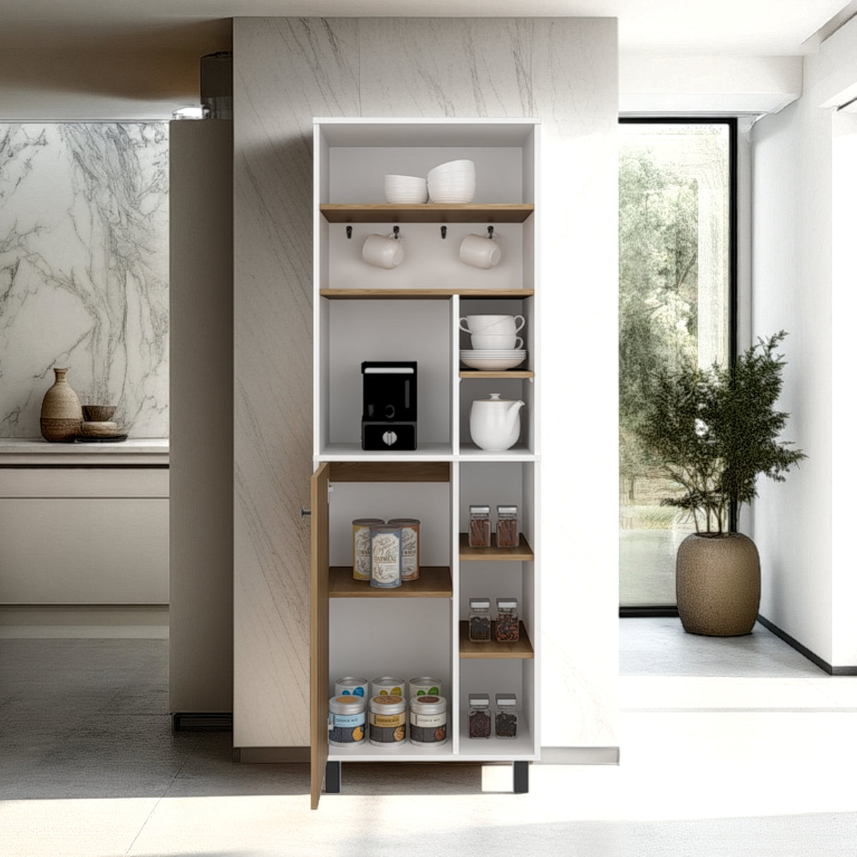 Estación de Café Carajillo Blanco y Blanco Marquez 60x180cm con Cinco Entrepaños y Diez Compartimientos - BARRAS Y MUEBLES AUXILIARES | Bylmo