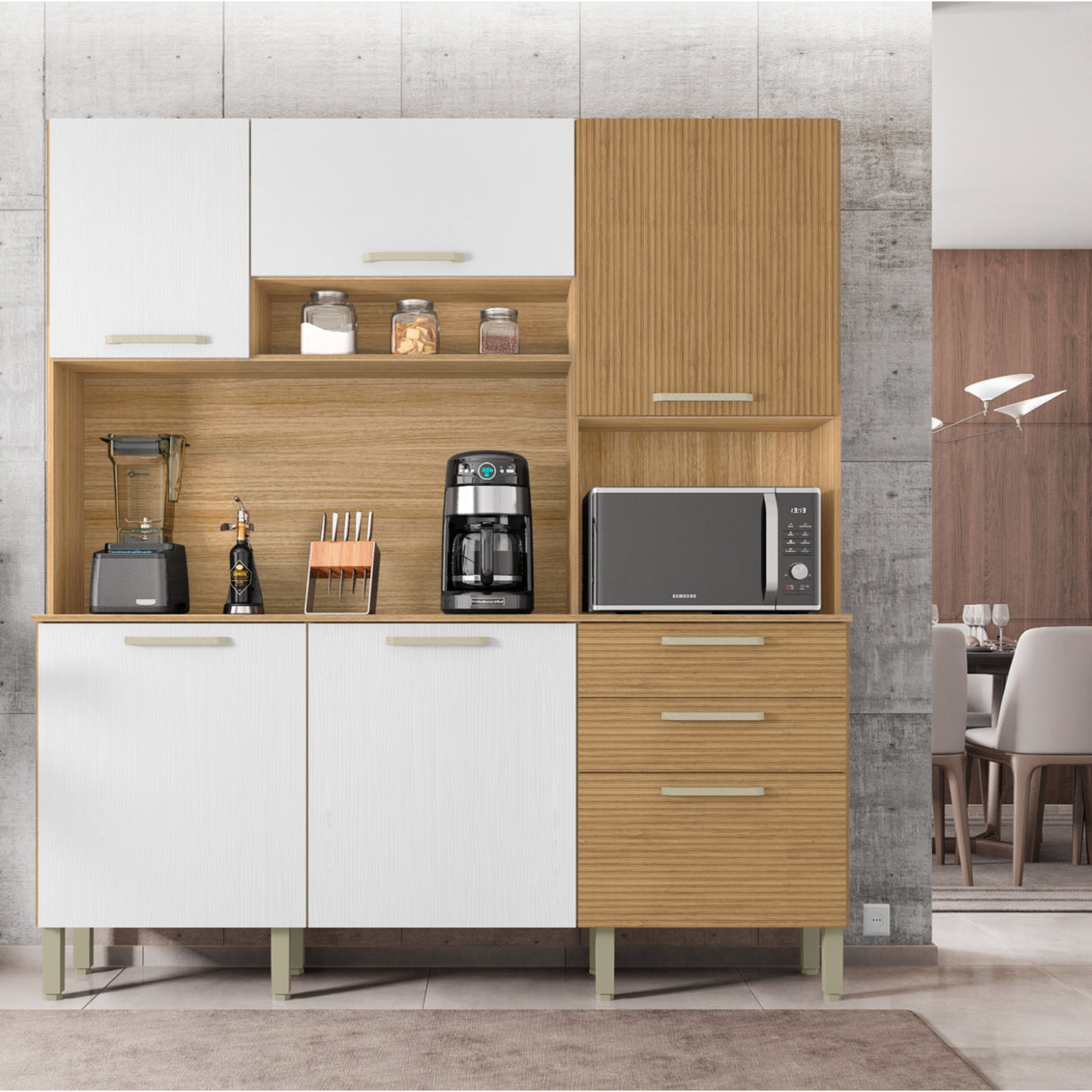 Alacena Ferrara Castaño y Blanco 180x198cm con Seis Puertas y con Un Cajón - ALACENAS Y MUEBLES MICROONDAS | Bylmo