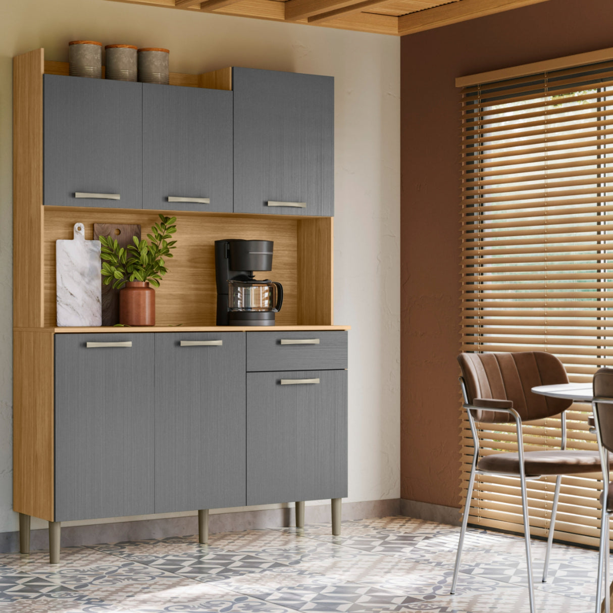 Alacena Genova Castaño y Gris 121x176cm con Seis Puertas y con Un Cajón - ALACENAS Y MUEBLES MICROONDAS | Bylmo