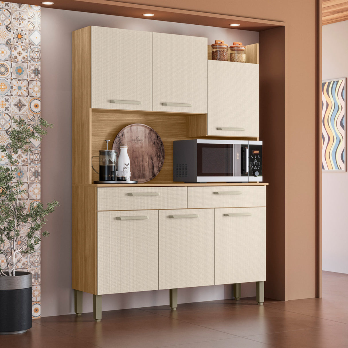 Alacena Moderna Castaño y Beige 132x186cm con Seis Puertas y con Dos Cajones - ALACENAS Y MUEBLES MICROONDAS | Bylmo