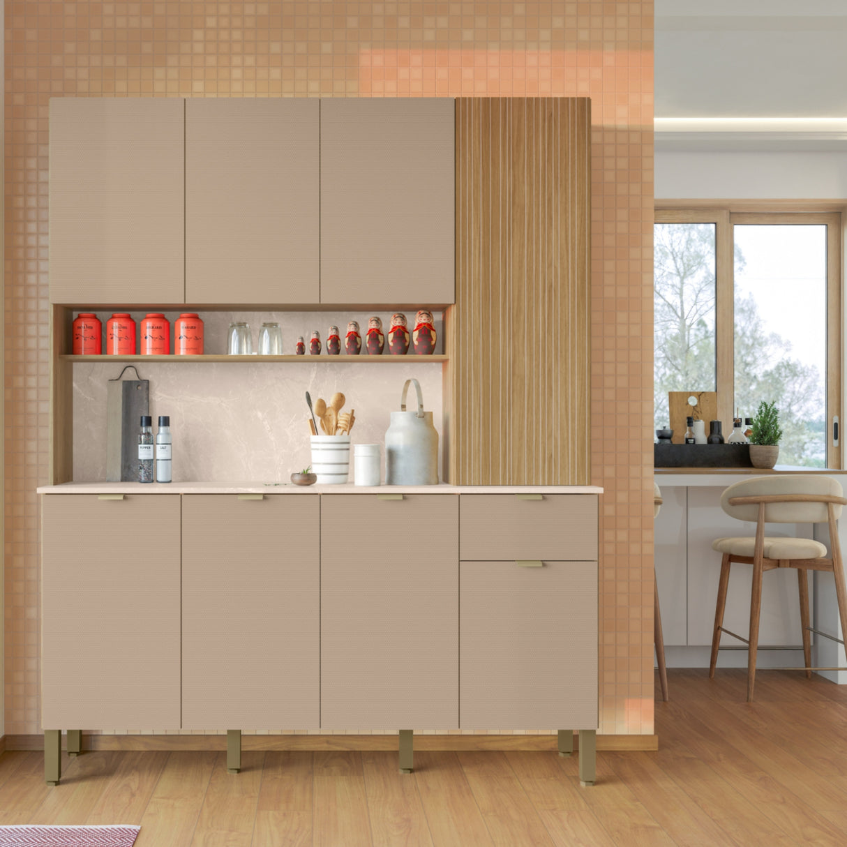 Alacena Slow Castaño y Beige 200x161cm con Ocho Puertas y con Un Cajón - ALACENAS Y MUEBLES MICROONDAS | Bylmo