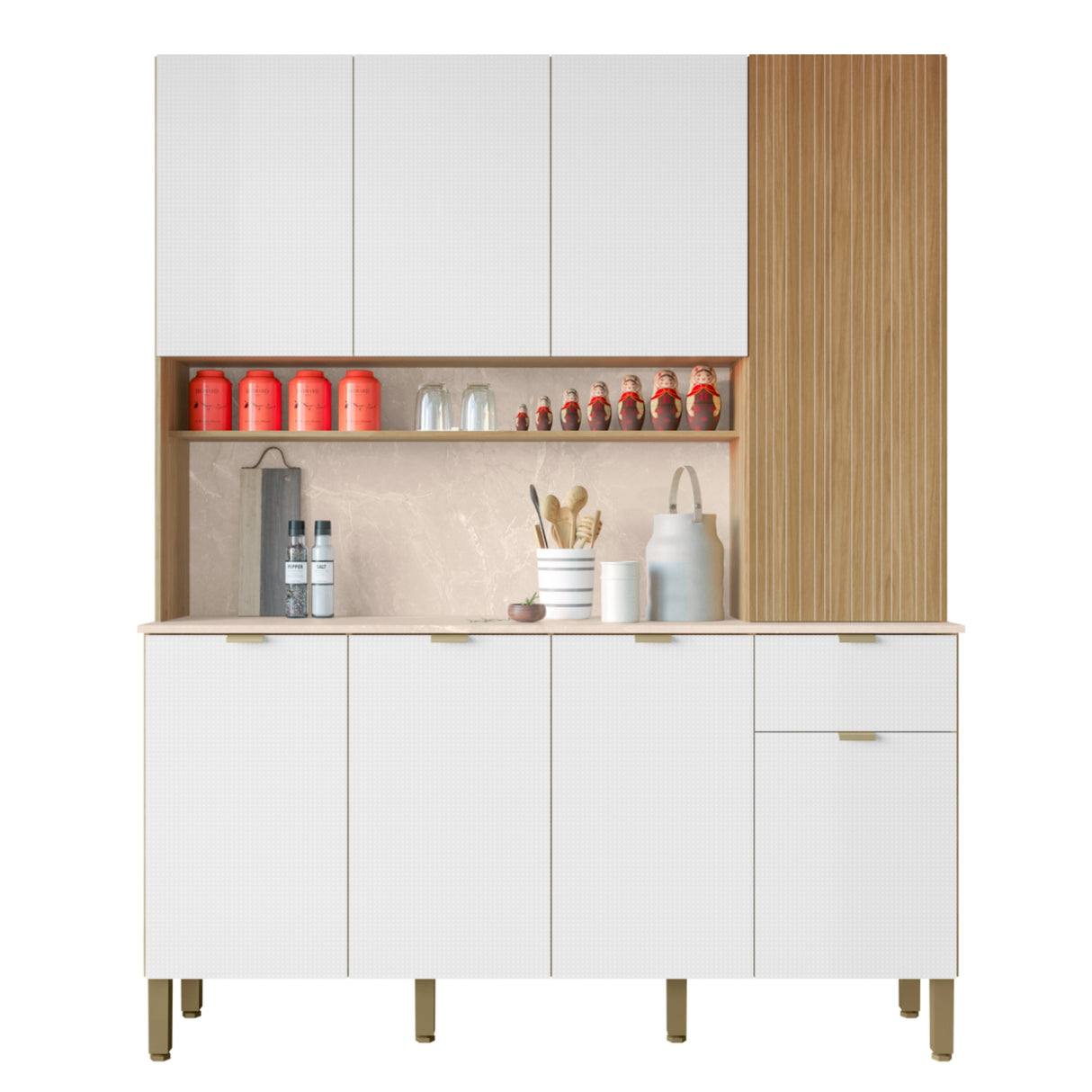 Alacena Slow Castaño y Blanco 200x161cm con Ocho Puertas y con Un Cajón - ALACENAS Y MUEBLES MICROONDAS | Bylmo