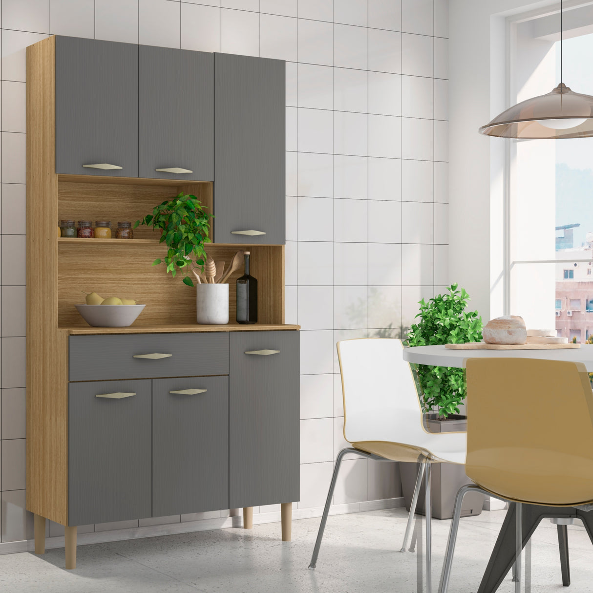 Alacena Juri Castaño y Gris 90x173cm con Seis Puertas y con Un Cajón