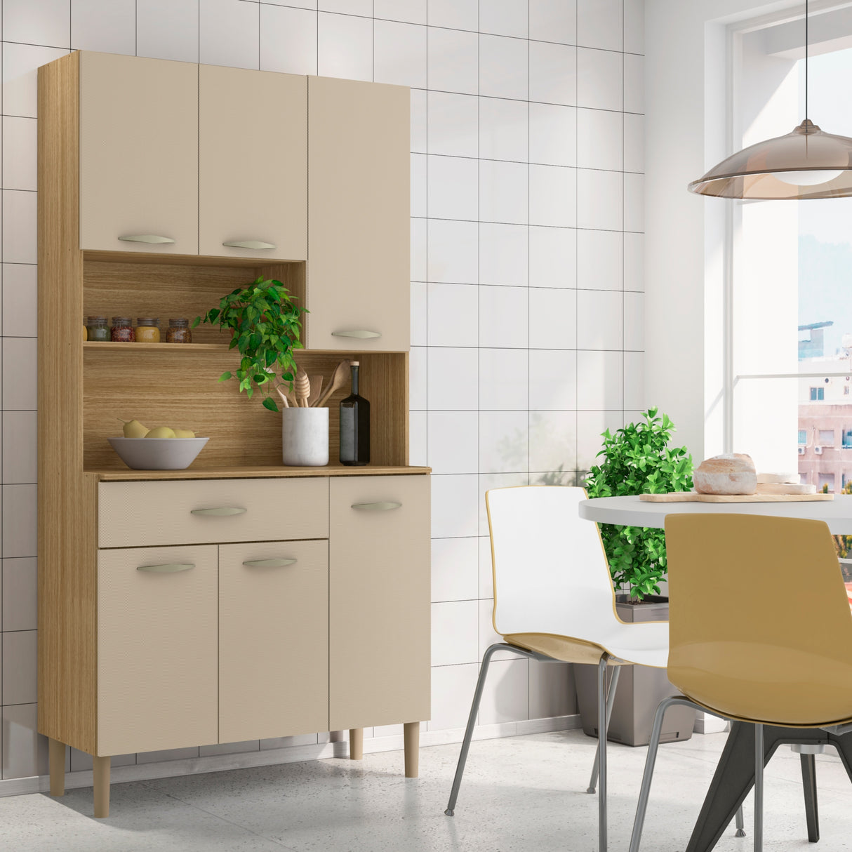 Alacena Juri Castaño y Beige 90x173cm con Seis Puertas y con Un Cajón - ALACENAS Y MUEBLES MICROONDAS | Bylmo