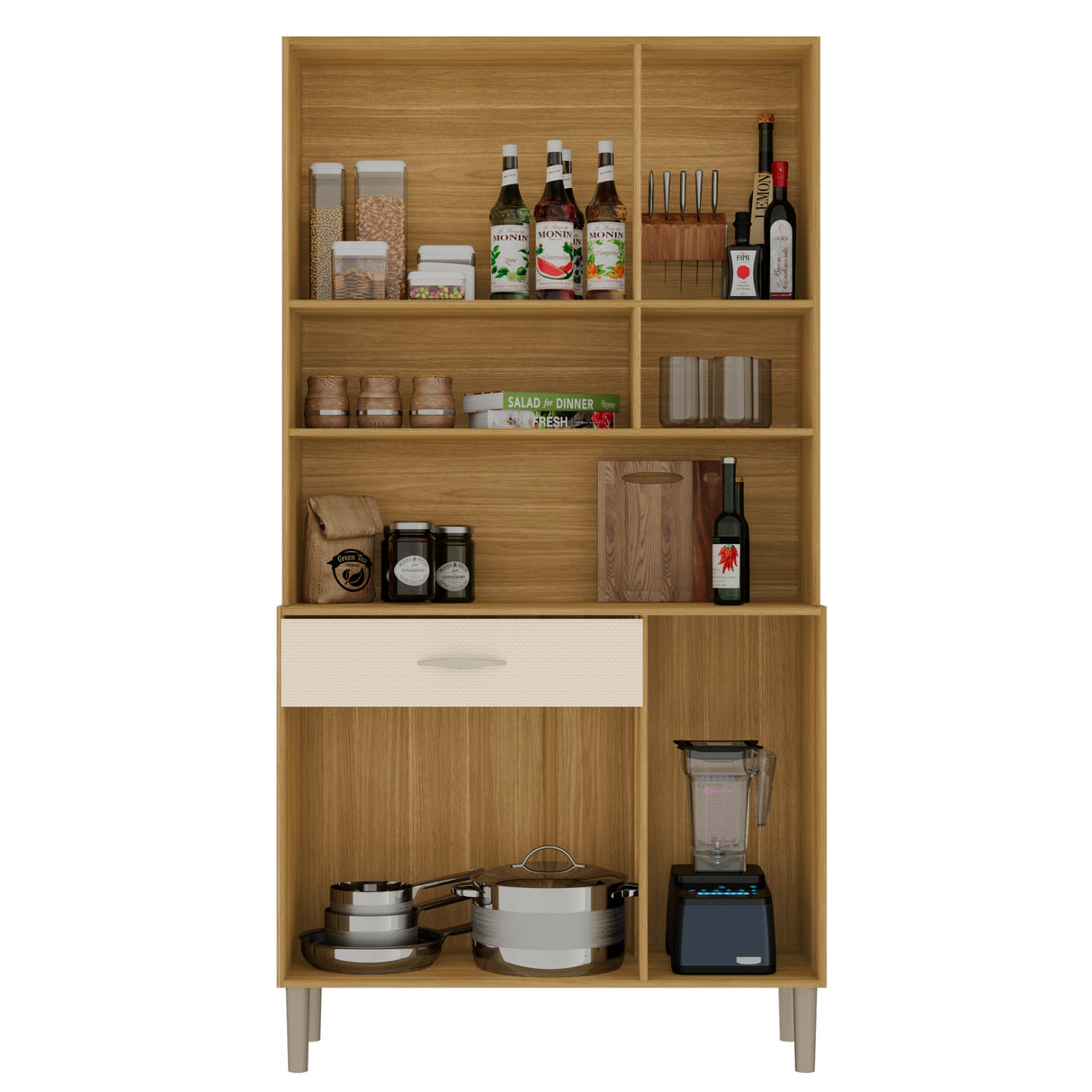 Alacena Juri Castaño y Beige 90x173cm con Seis Puertas y con Un Cajón - ALACENAS Y MUEBLES MICROONDAS | Bylmo