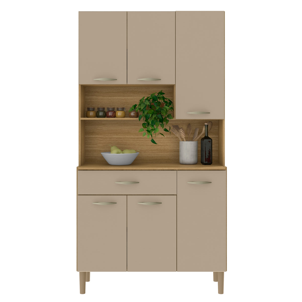Alacena Juri Castaño y Beige 90x173cm con Seis Puertas y con Un Cajón - ALACENAS Y MUEBLES MICROONDAS | Bylmo