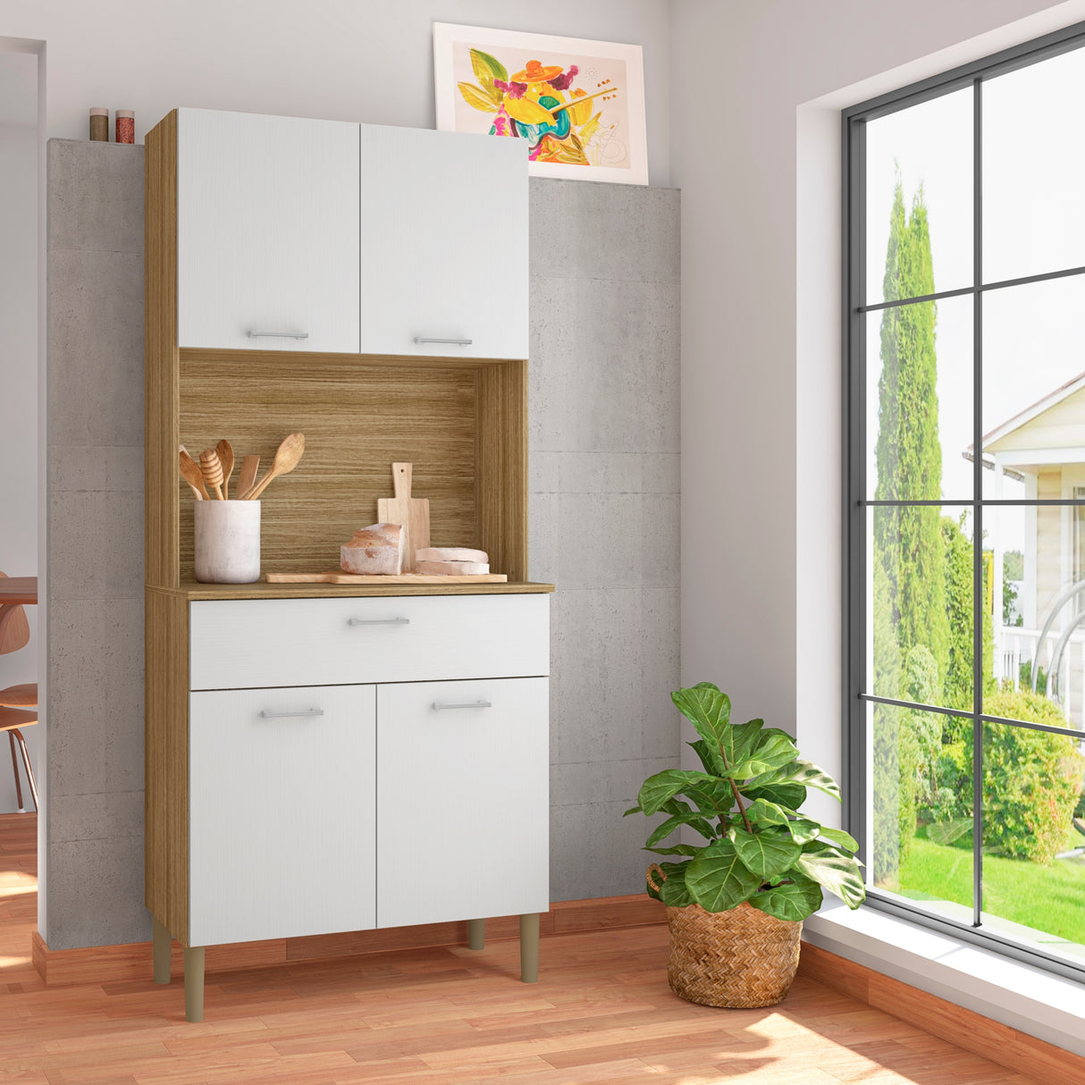 Alacena Cris Castaño y Blanco 86x171cm con Cuatro Puertas y con Un Cajón - ALACENAS Y MUEBLES MICROONDAS | Bylmo