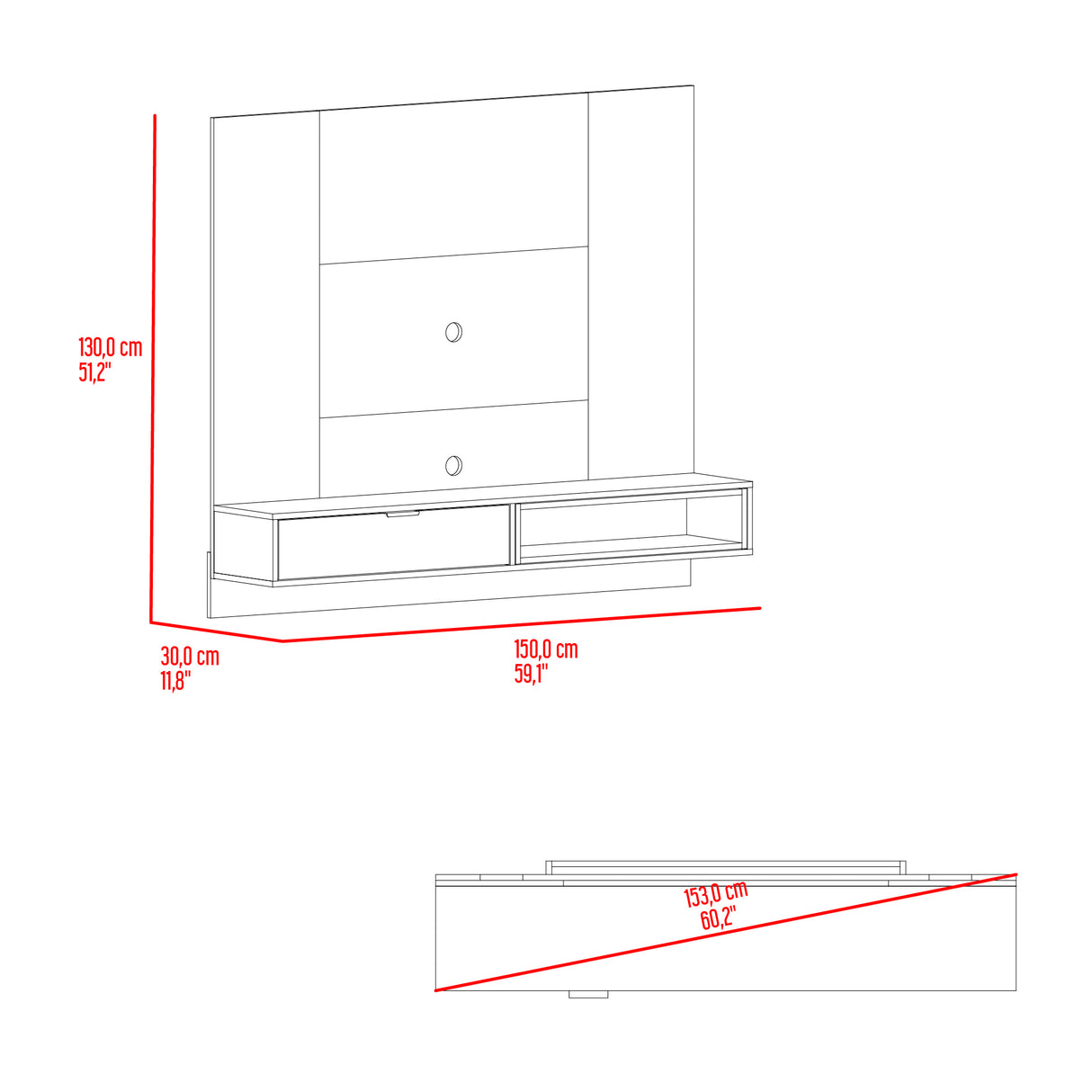 Panel de TV Funes Mamba y Wengue 150x130cm para TV Hasta 60" Pulagadas con Un Compartimiento - MUEBLES DE TV | Bylmo
