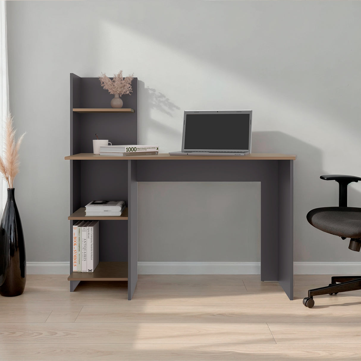 Escritorio Vilna Plomo y Amber 110x110.6cm con Organizador de Libros - ESCRITORIOS | Bylmo