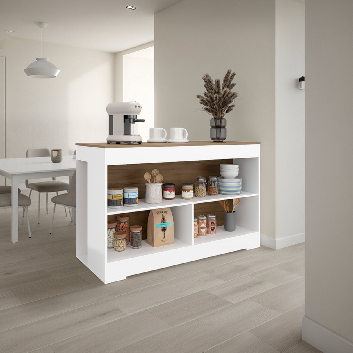 Barra de Cocina Cuenca Blanco y Fresno 138.2x88.5cm con Tres Compartimientos - BARRAS Y MUEBLES AUXILIARES | Bylmo